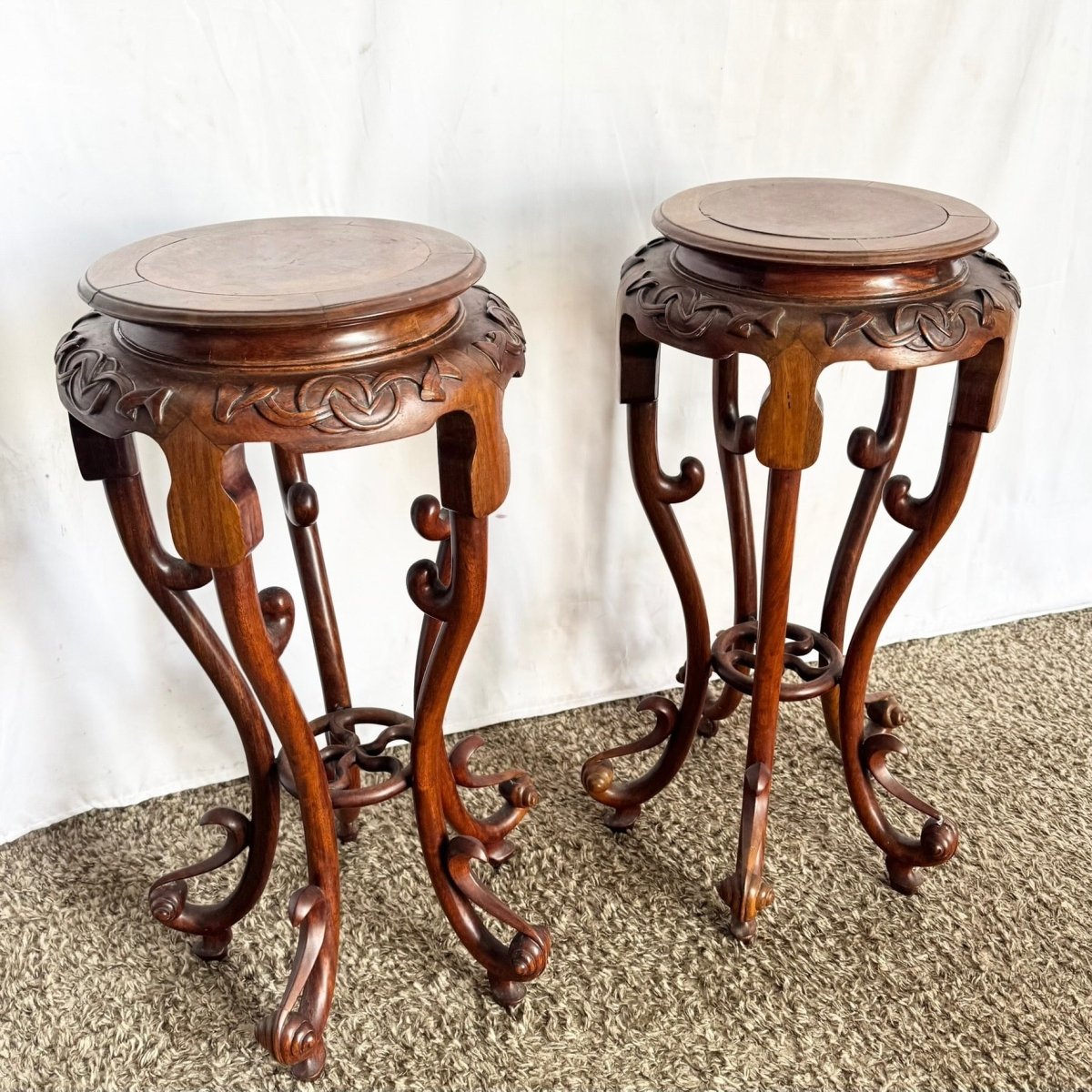 Antique Chinoiserie Burl Plant Stands/Side Tables - A Pair - Dolphin & Flamingo