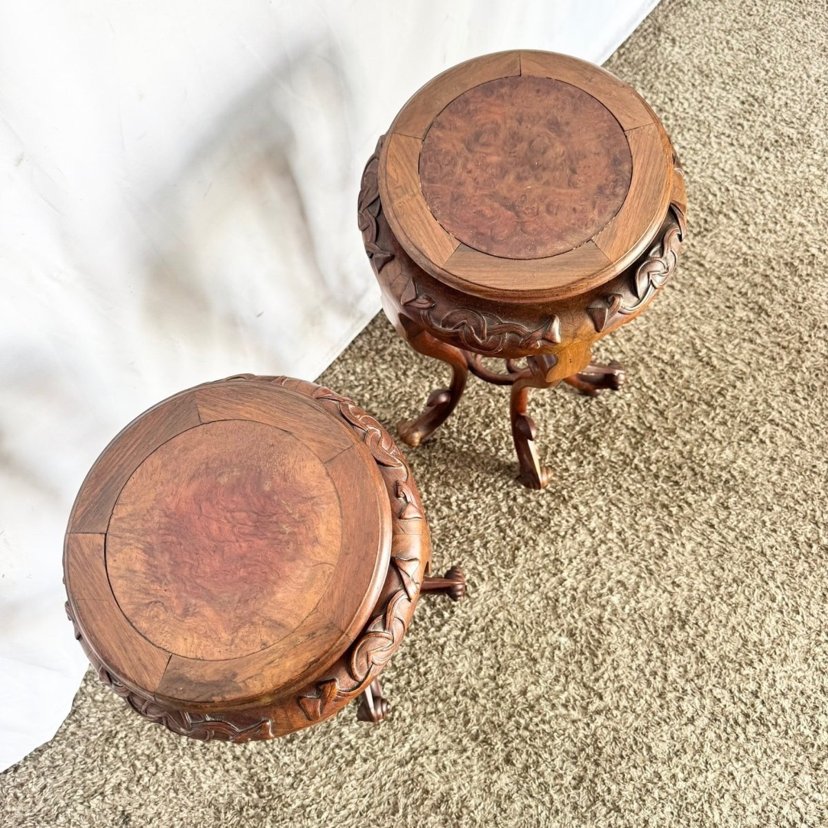 Antique Chinoiserie Burl Plant Stands/Side Tables - A Pair - Dolphin & Flamingo