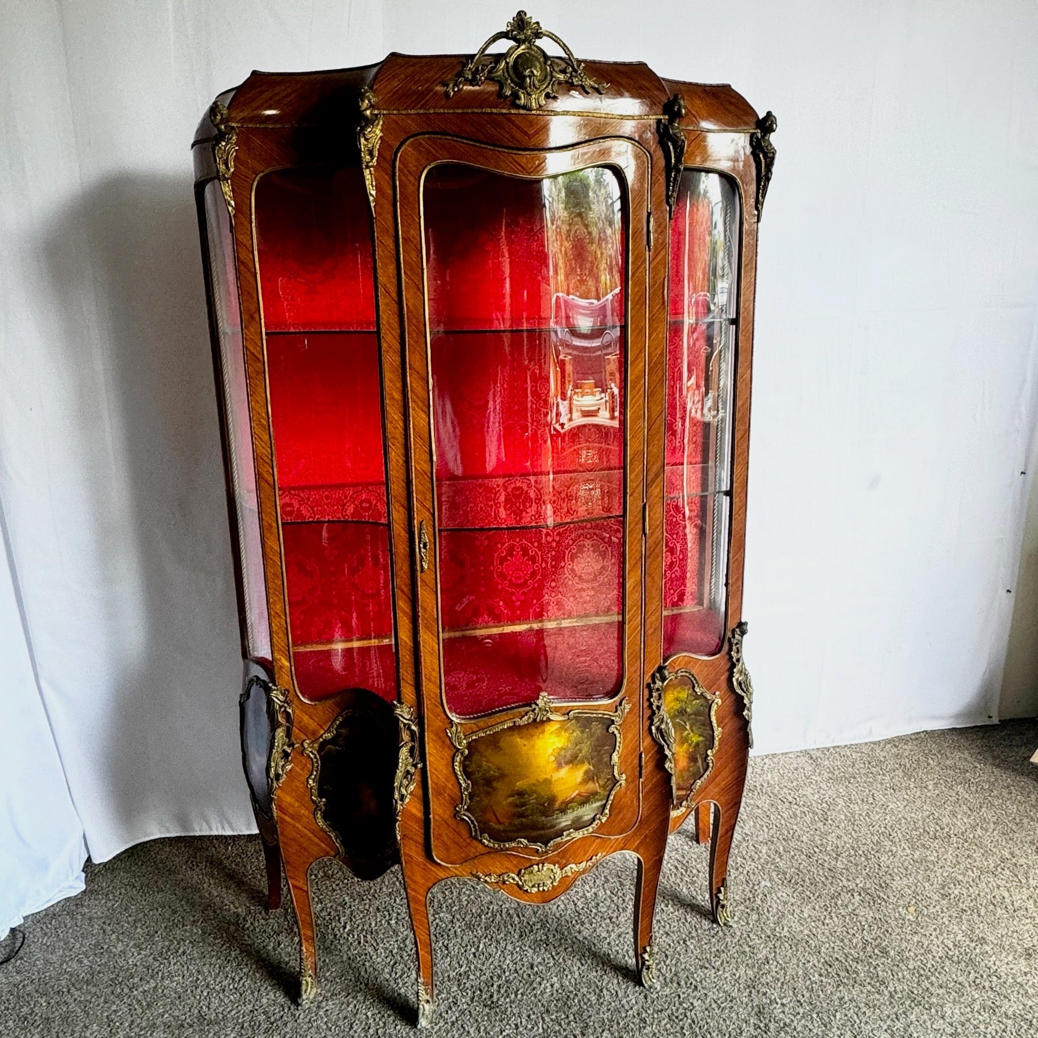 Antique French Louis XV Curio Vitrine With Ormolu & Hand - Painted Panels - Dolphin & Flamingo
