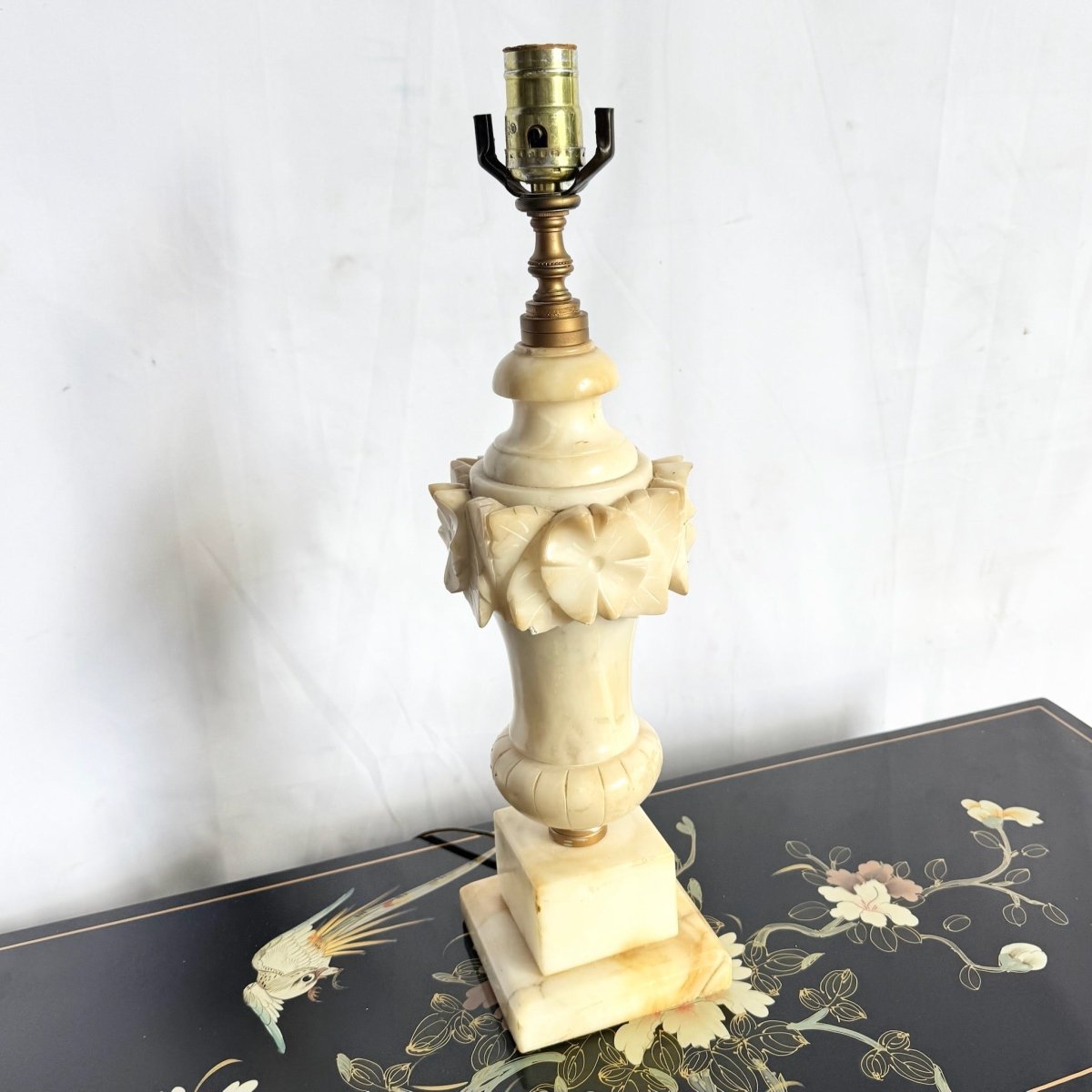 Antique Italian Hand Carved Alabaster Table Lamp - Dolphin & Flamingo