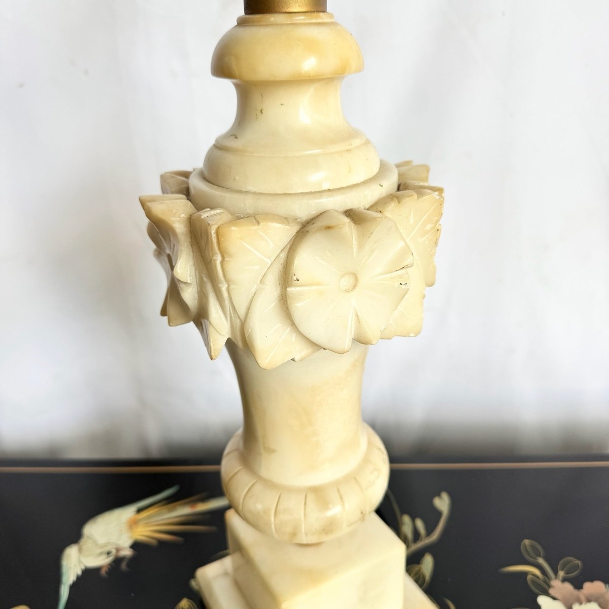 Antique Italian Hand Carved Alabaster Table Lamp - Dolphin & Flamingo