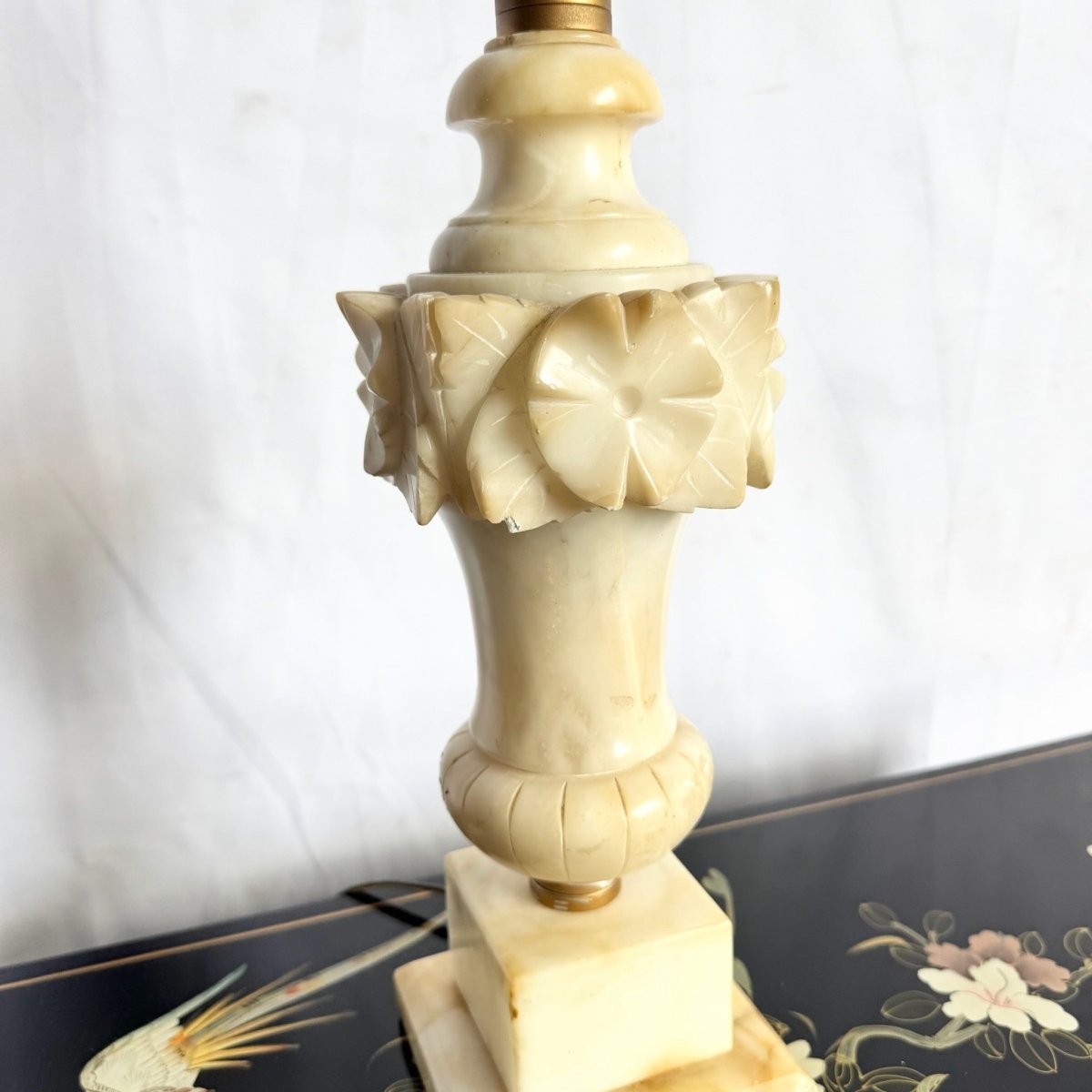 Antique Italian Hand Carved Alabaster Table Lamp - Dolphin & Flamingo