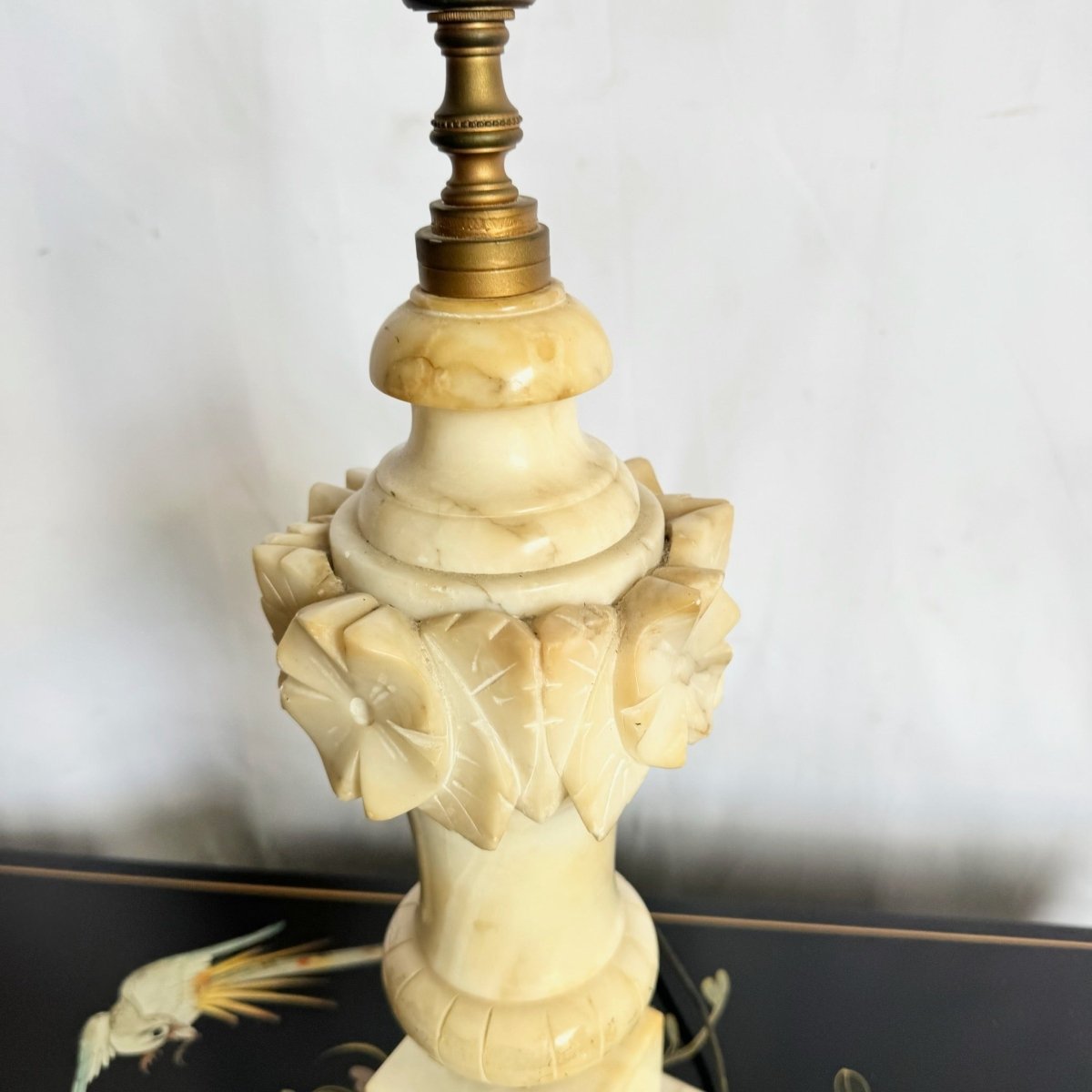 Antique Italian Hand Carved Alabaster Table Lamp - Dolphin & Flamingo