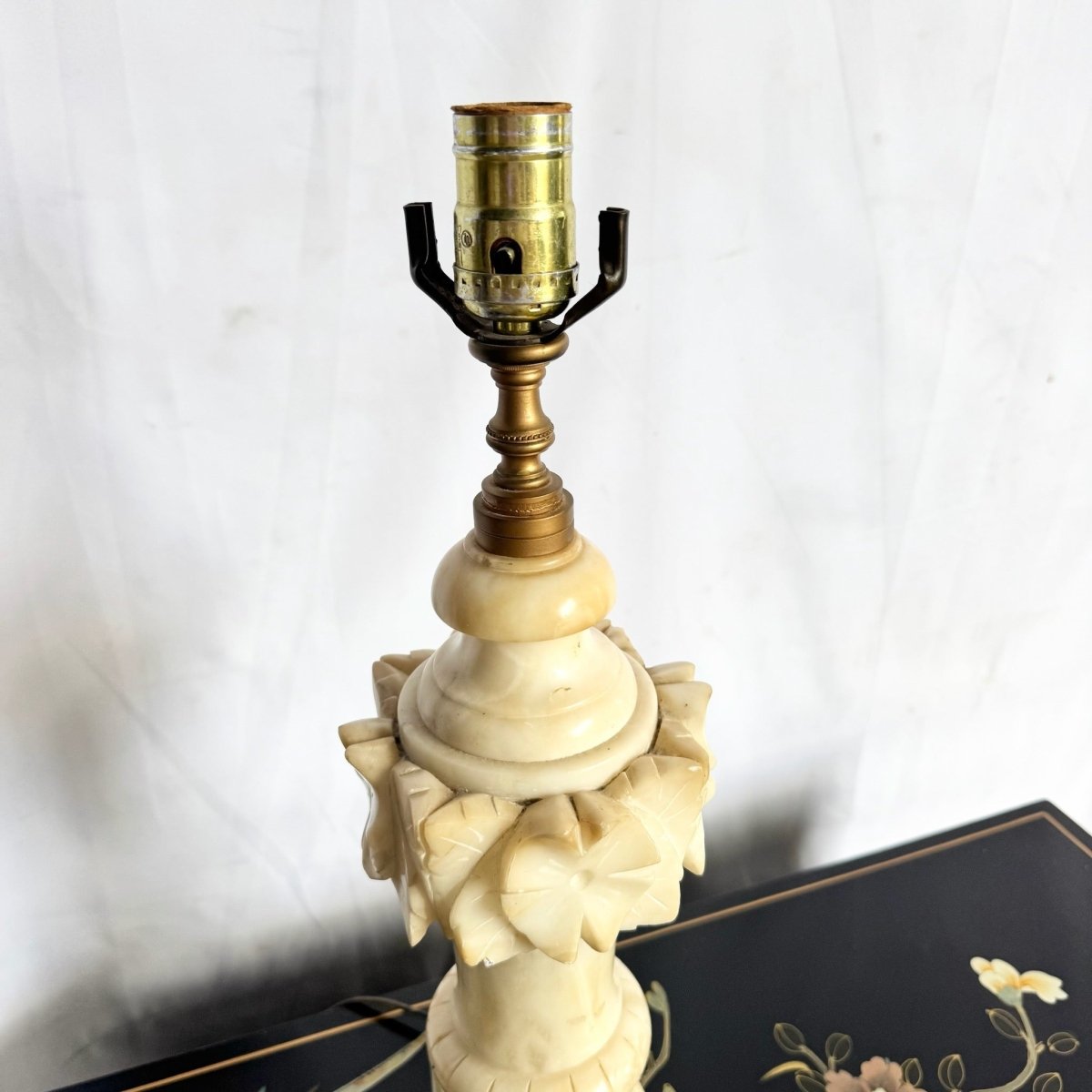 Antique Italian Hand Carved Alabaster Table Lamp - Dolphin & Flamingo