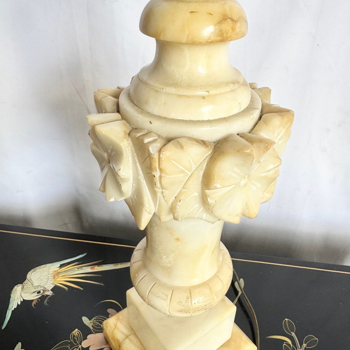 Antique Italian Hand Carved Alabaster Table Lamp - Dolphin & Flamingo