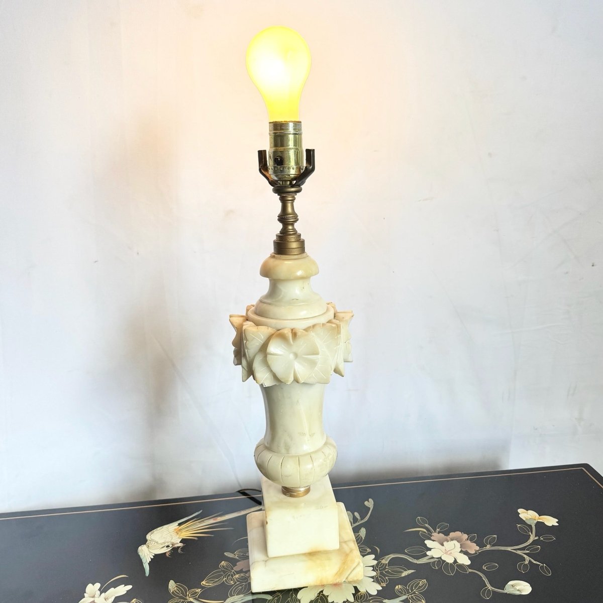 Antique Italian Hand Carved Alabaster Table Lamp - Dolphin & Flamingo