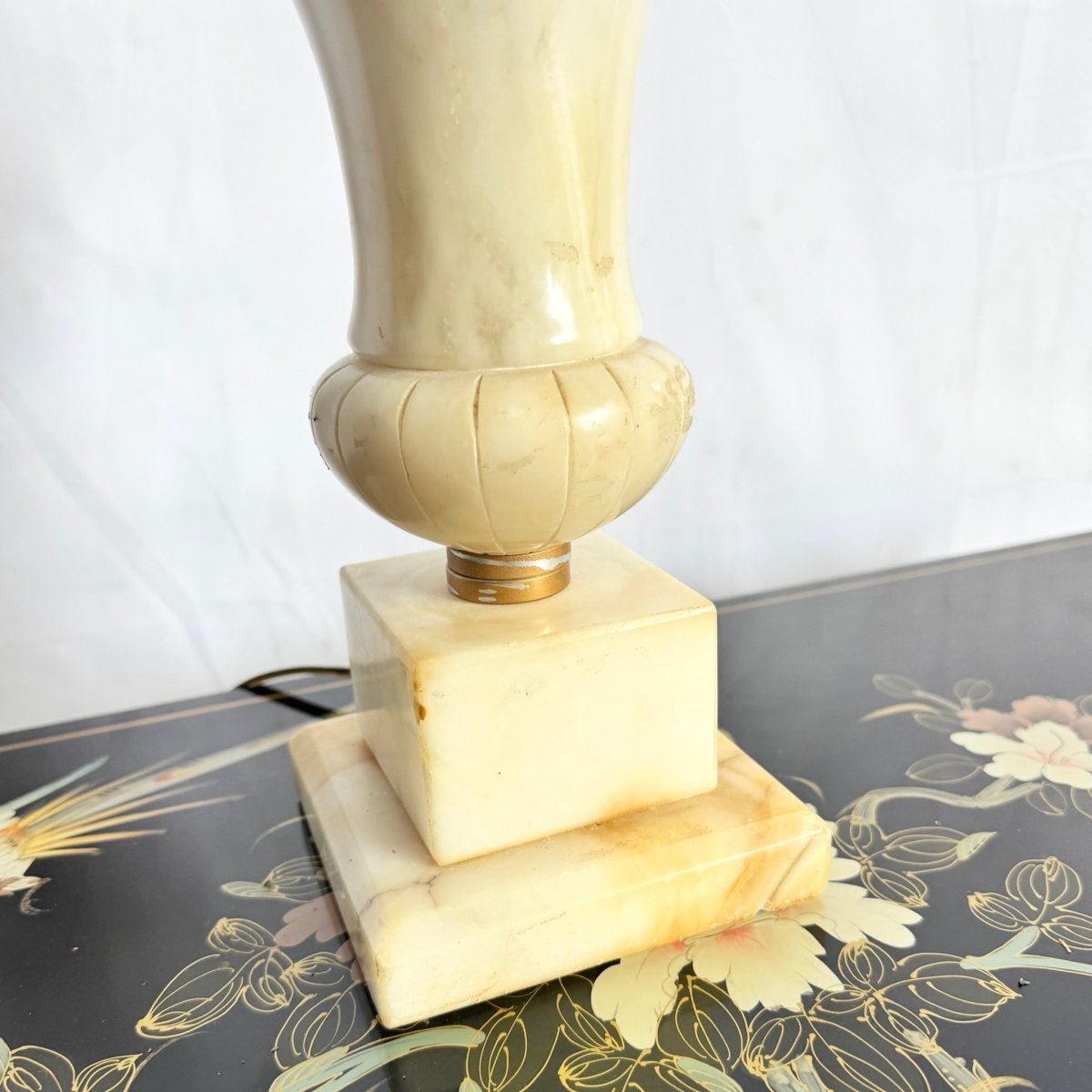 Antique Italian Hand Carved Alabaster Table Lamp - Dolphin & Flamingo