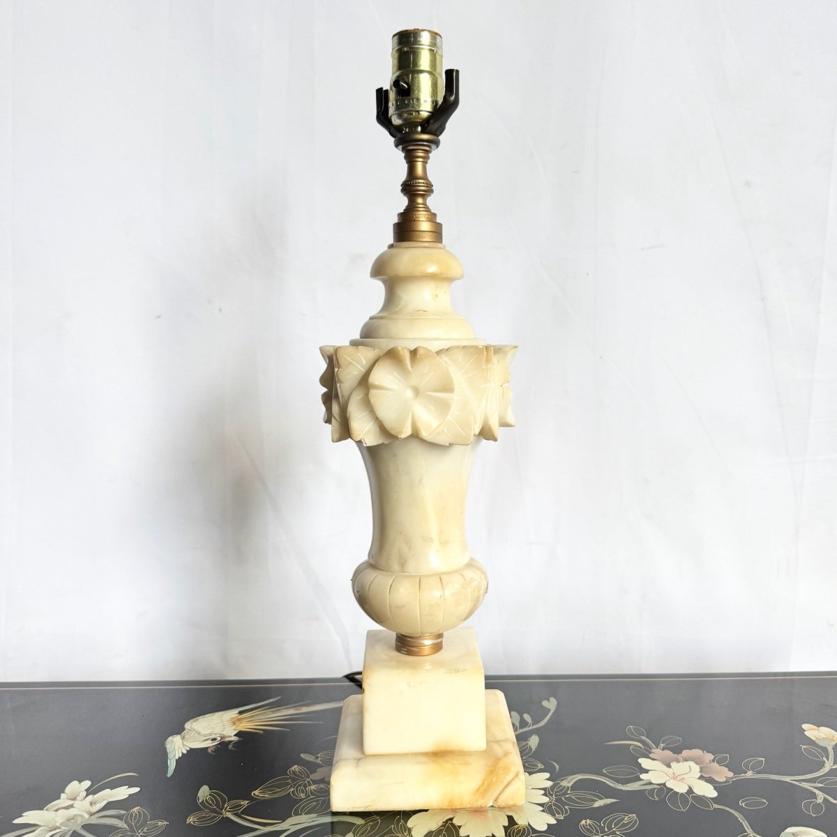 Antique Italian Hand Carved Alabaster Table Lamp - Dolphin & Flamingo