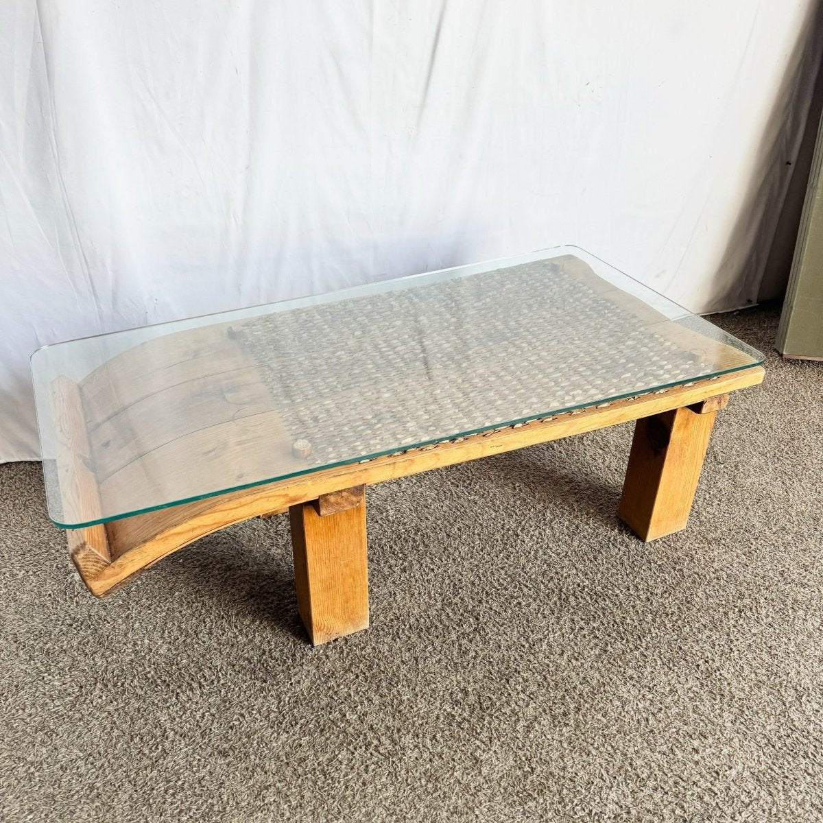 Antique Mediterranean Threshing Table/Coffee Table With Glass Top - Dolphin & Flamingo