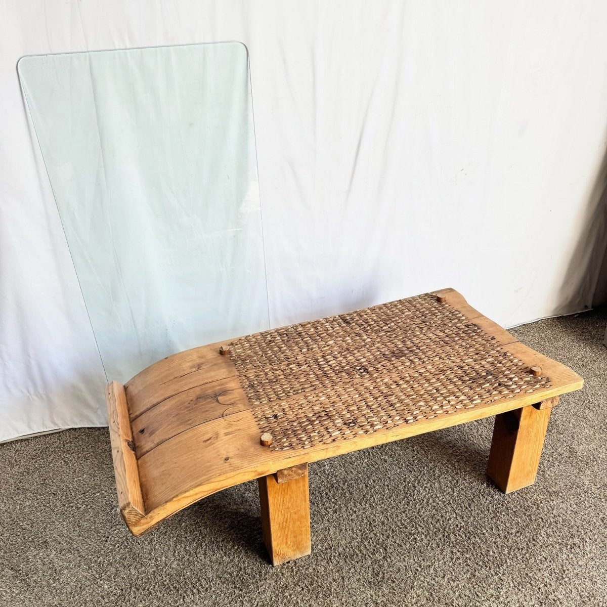 Antique Mediterranean Threshing Table/Coffee Table With Glass Top - Dolphin & Flamingo