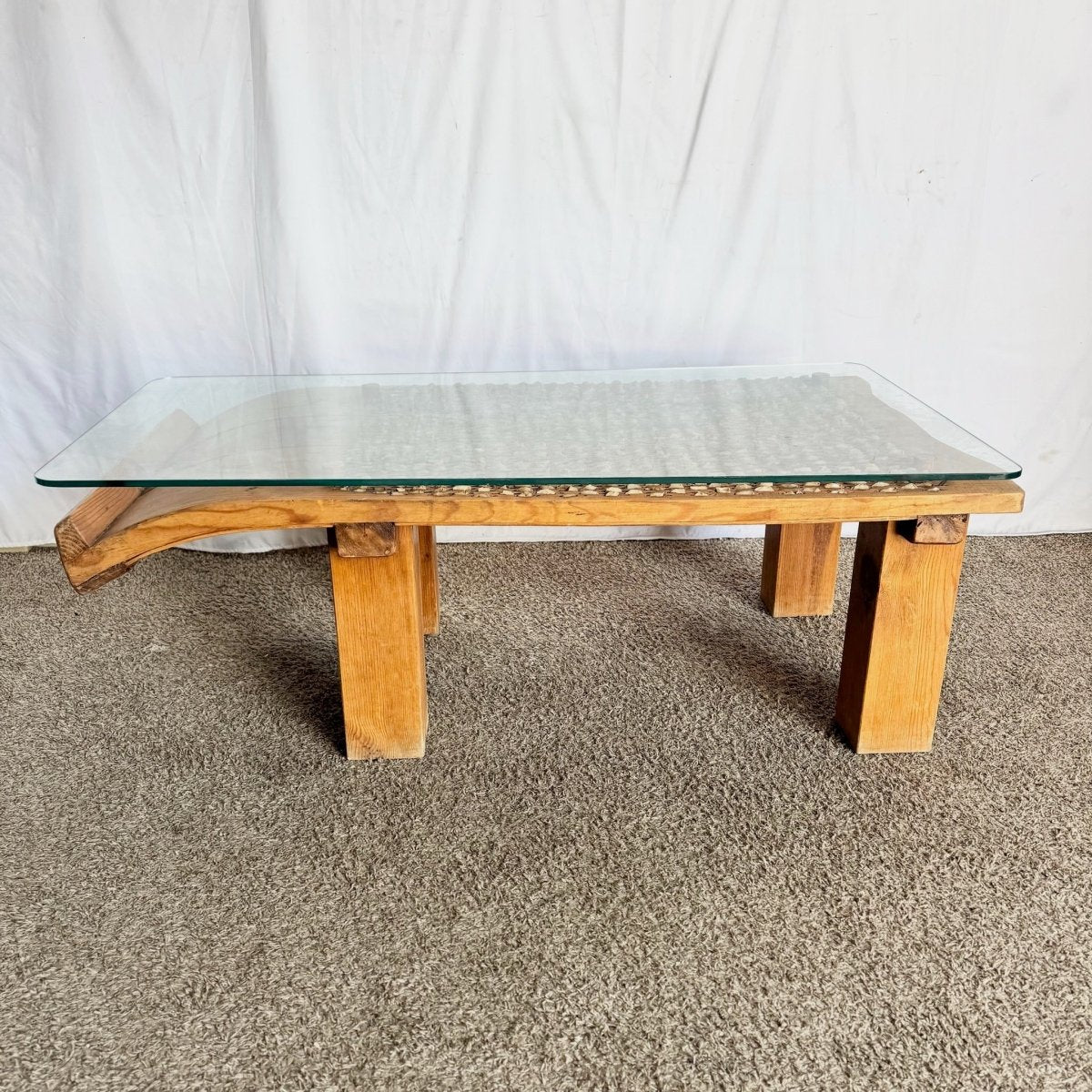Antique Mediterranean Threshing Table/Coffee Table With Glass Top - Dolphin & Flamingo