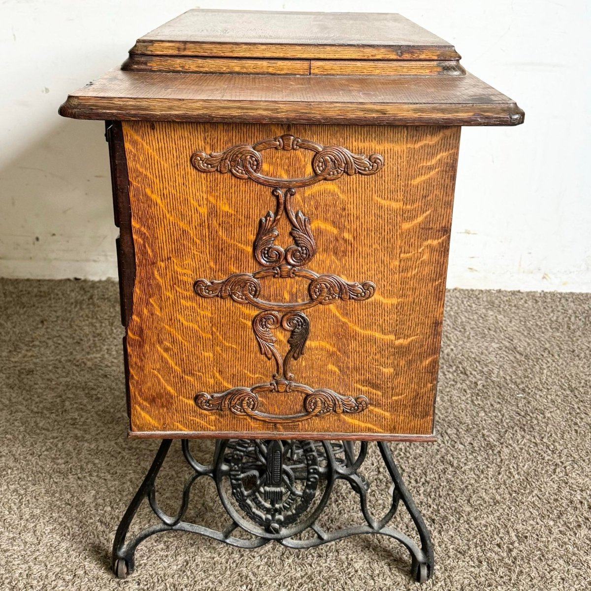 Antique Tiger Oak and Wrought Iron Singer Sewing Machine Table