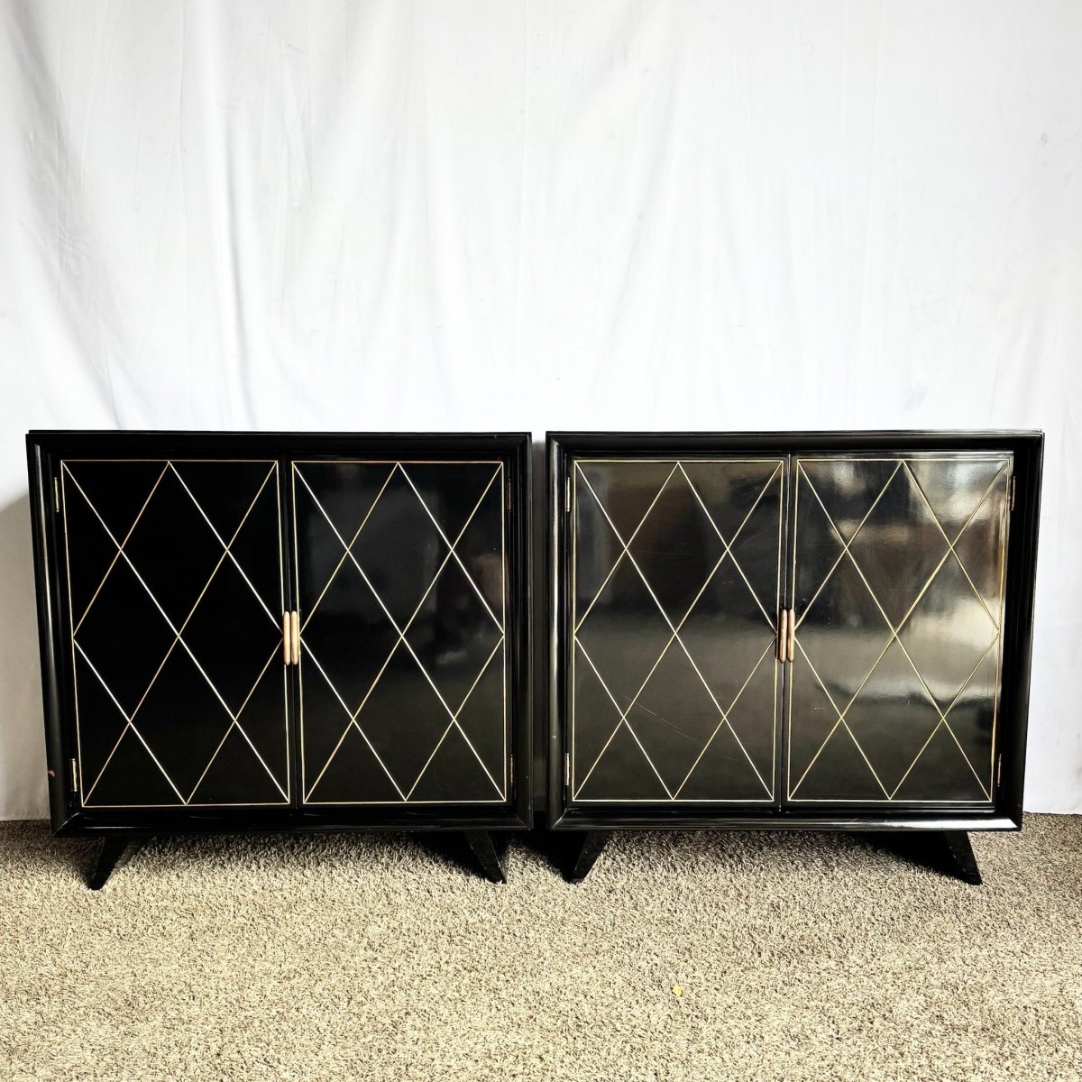 Art Deco Black Lacquered and Gold Chests of Drawers - A Pair - Dolphin & Flamingo