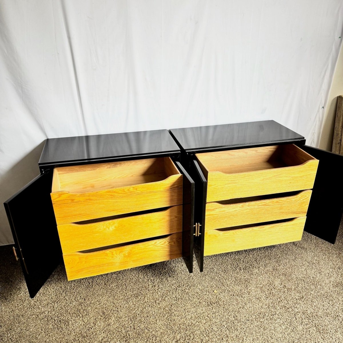 Art Deco Black Lacquered and Gold Chests of Drawers - A Pair - Dolphin & Flamingo