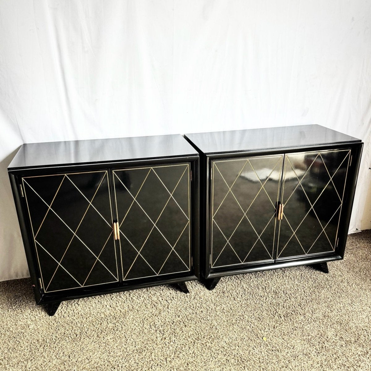 Art Deco Black Lacquered and Gold Chests of Drawers - A Pair - Dolphin & Flamingo