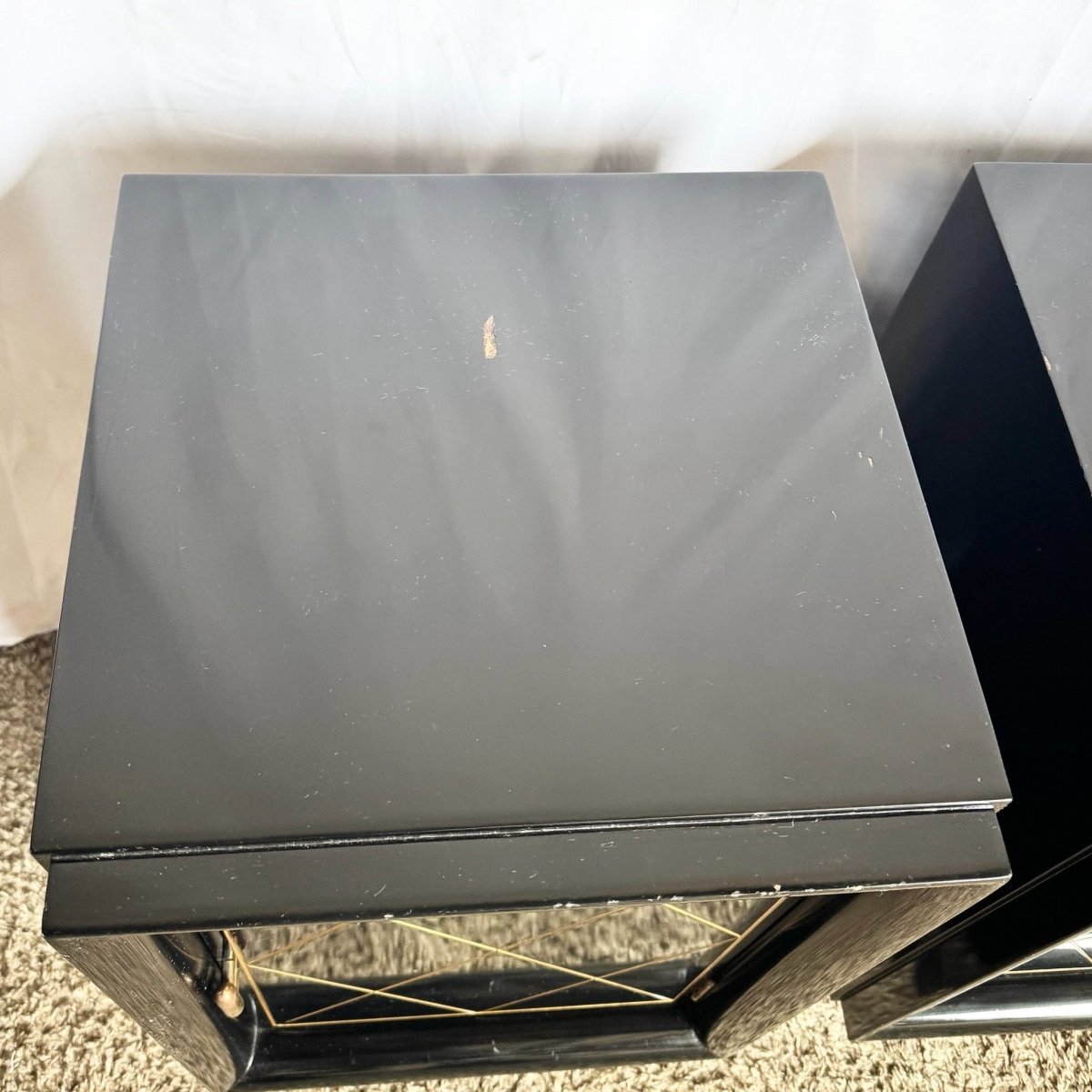 Art Deco Black Lacquered and Gold Nighstands With Brass Hardware - A Pair - Dolphin & Flamingo