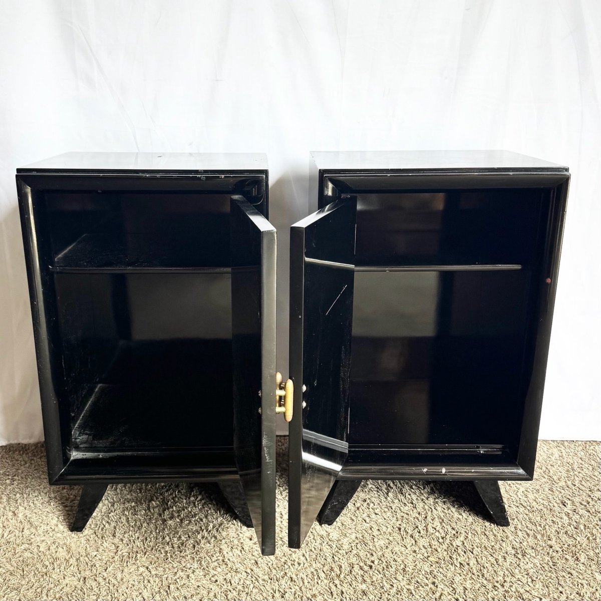 Art Deco Black Lacquered and Gold Nighstands With Brass Hardware - A Pair - Dolphin & Flamingo