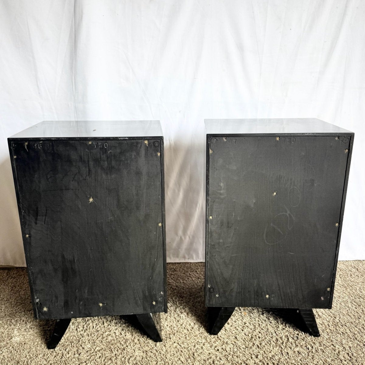 Art Deco Black Lacquered and Gold Nighstands With Brass Hardware - A Pair - Dolphin & Flamingo