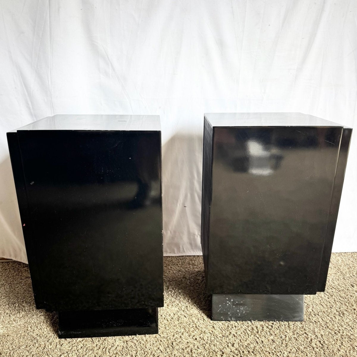 Art Deco Black Lacquered and Gold Nighstands With Brass Hardware - A Pair - Dolphin & Flamingo