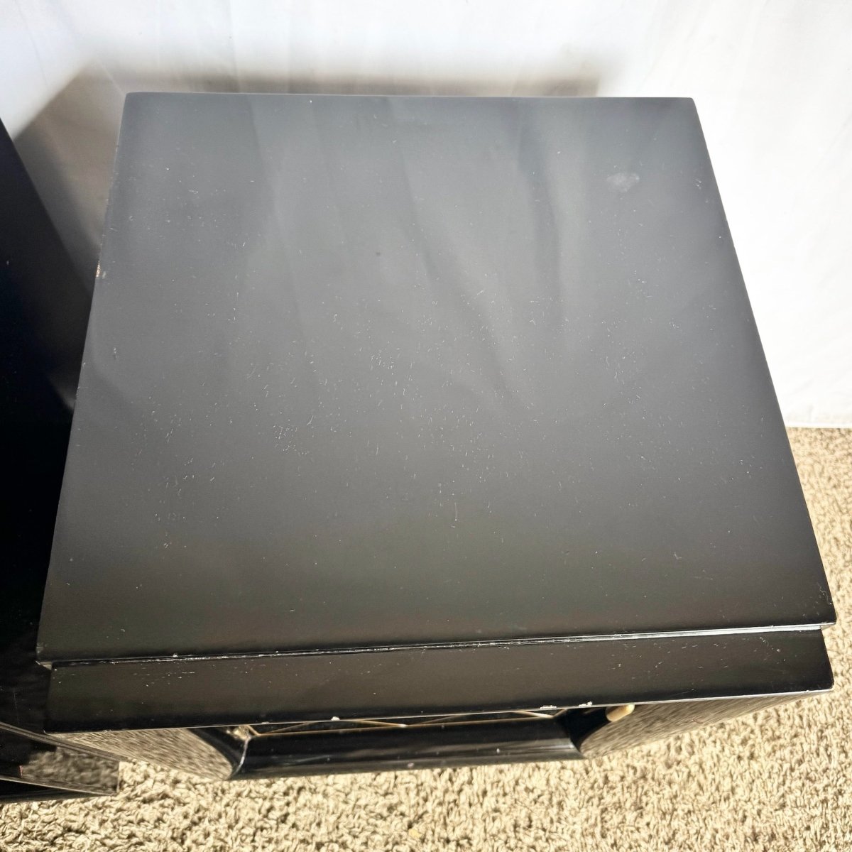 Art Deco Black Lacquered and Gold Nighstands With Brass Hardware - A Pair - Dolphin & Flamingo
