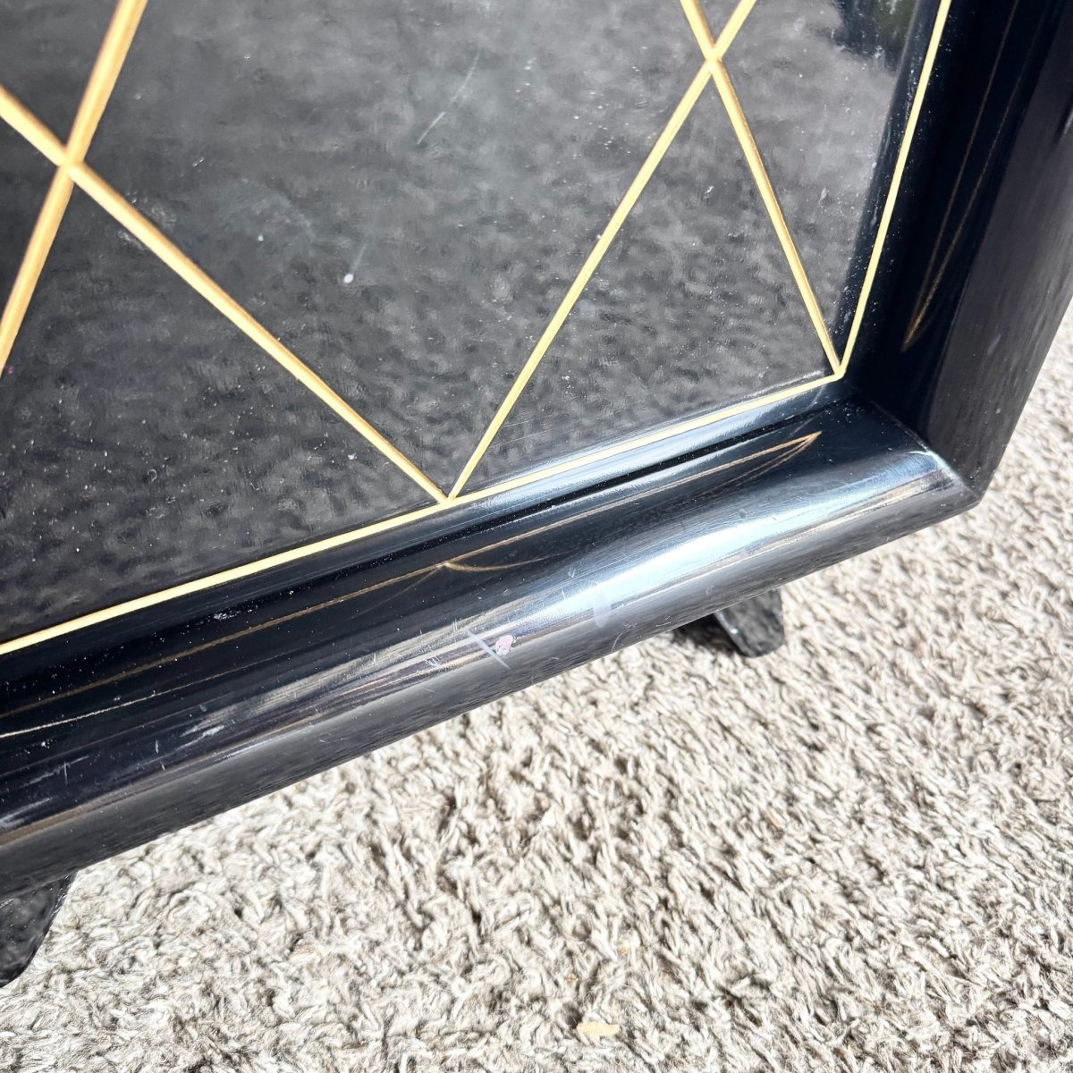 Art Deco Black Lacquered and Gold Nighstands With Brass Hardware - A Pair - Dolphin & Flamingo