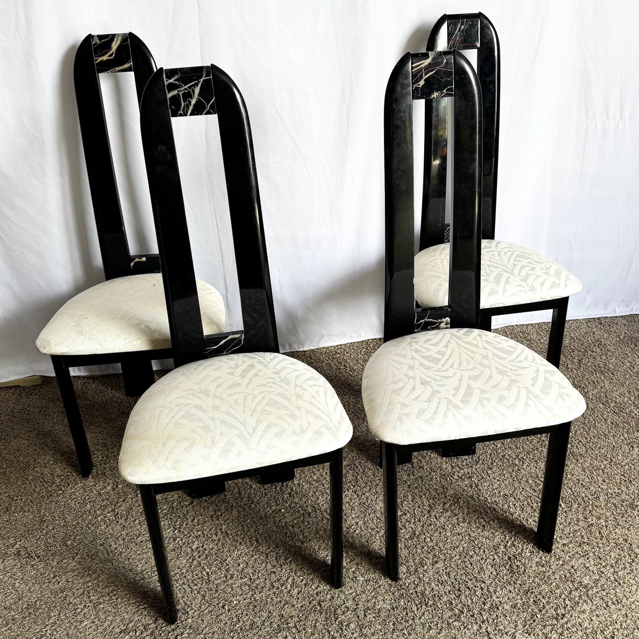 Art Deco Black Lacquered Faux Marble High Back Dining Chairs - Dolphin & Flamingo