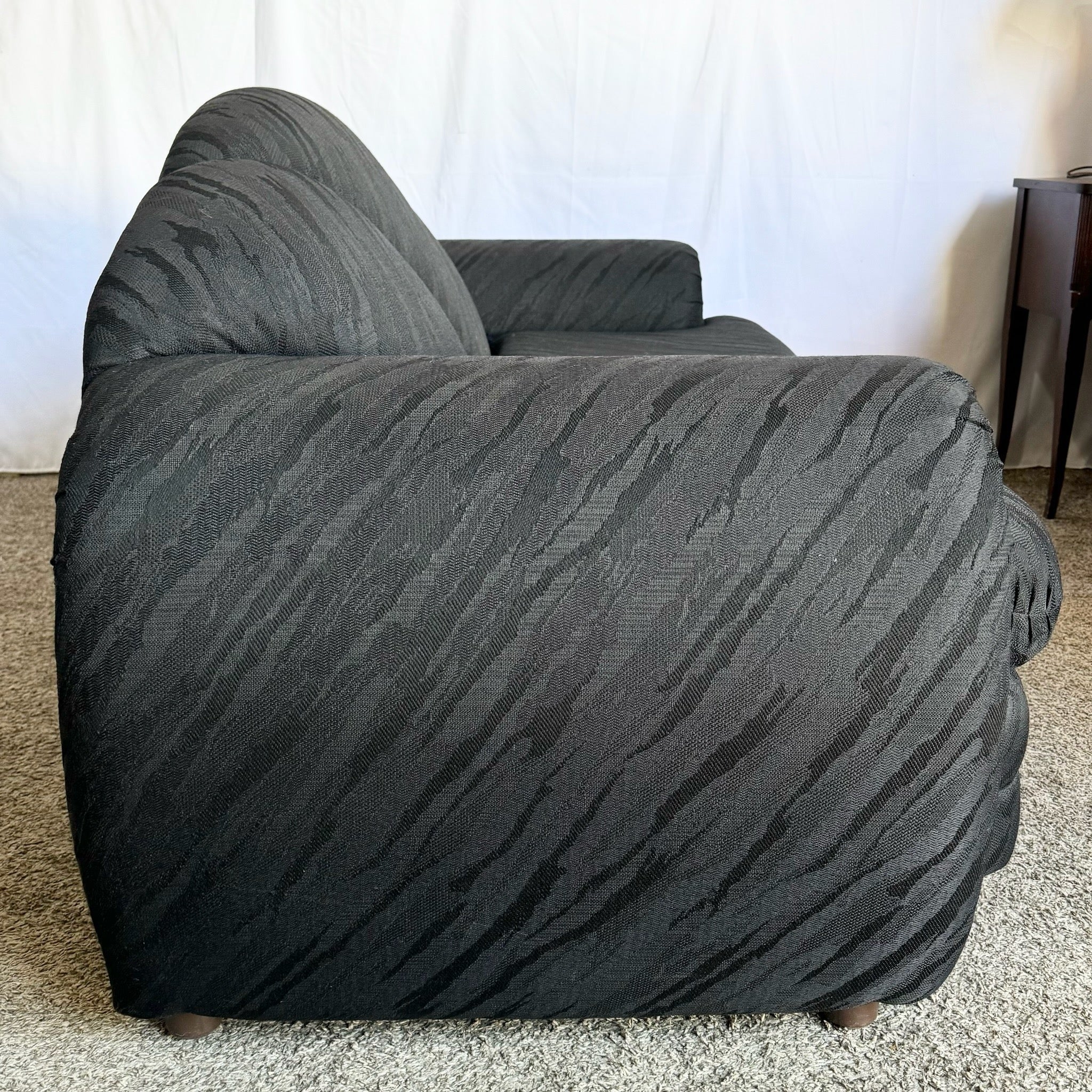 Art Deco Black Scalloped Love Seat/Sofa With Gold and Chrome Accents by Schweiger - Dolphin & Flamingo