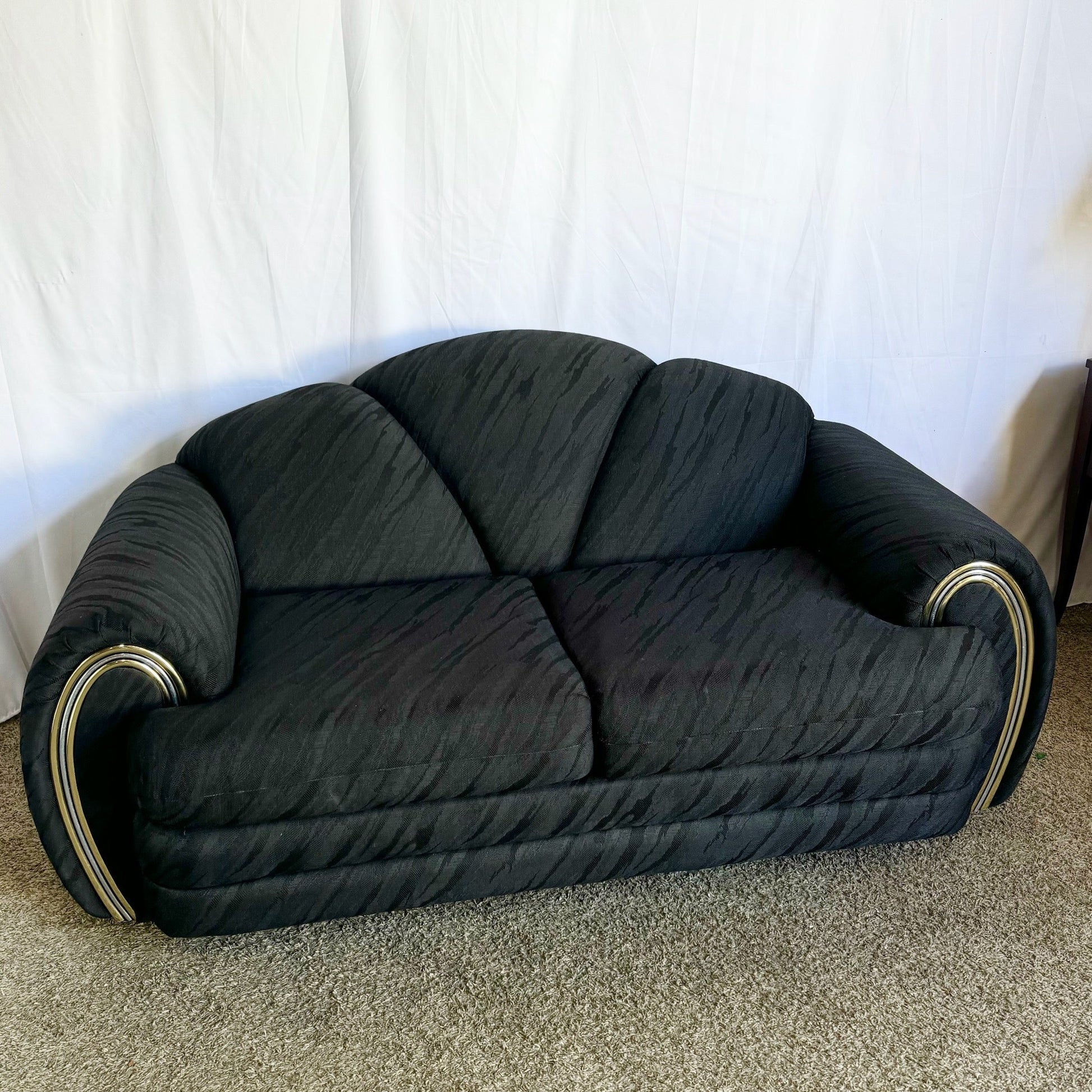 Art Deco Black Scalloped Love Seat/Sofa With Gold and Chrome Accents by Schweiger - Dolphin & Flamingo