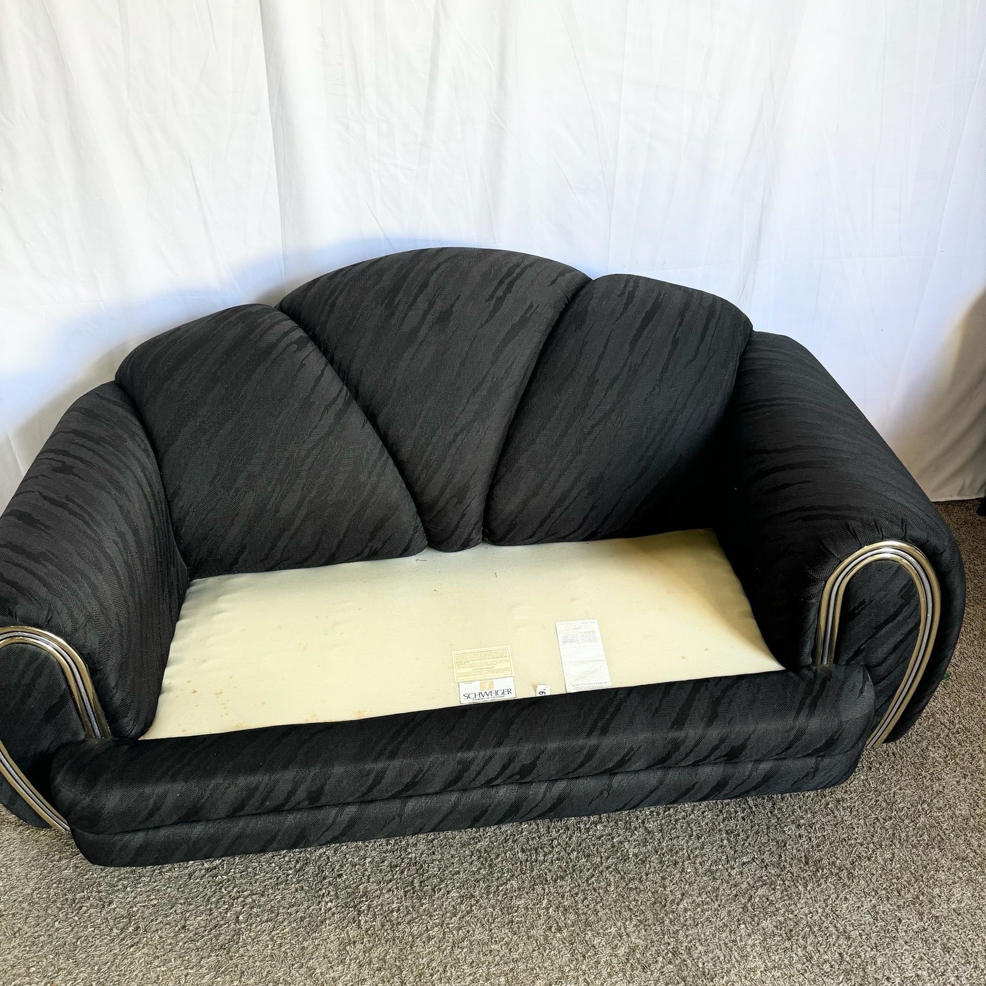 Art Deco Black Scalloped Love Seat/Sofa With Gold and Chrome Accents by Schweiger - Dolphin & Flamingo