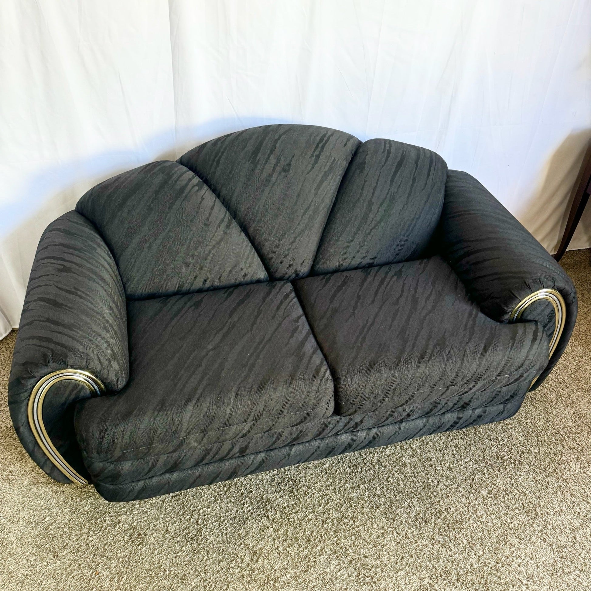 Art Deco Black Scalloped Love Seat/Sofa With Gold and Chrome Accents by Schweiger - Dolphin & Flamingo