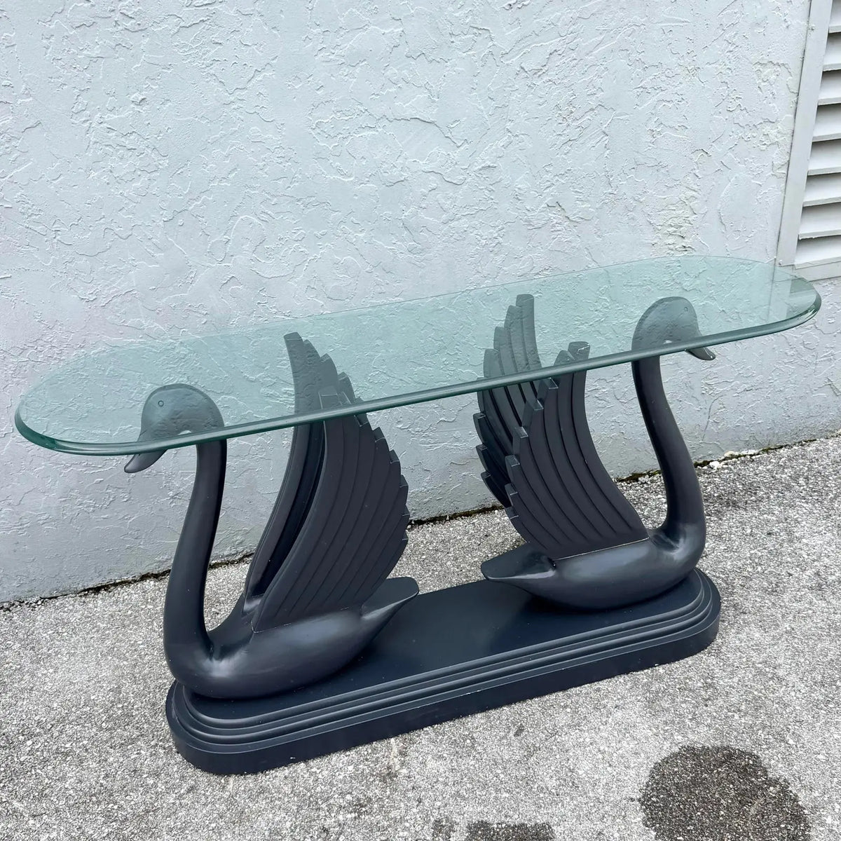 Art Deco Carved and Painted Swan Glass Top Console