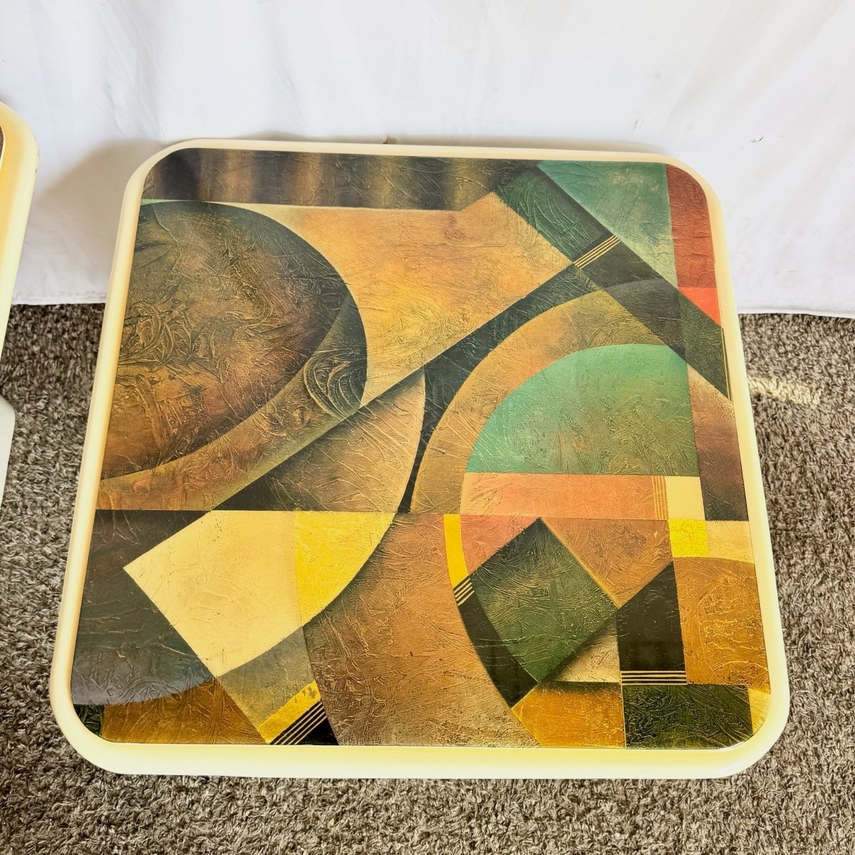 Art Deco Epoxy Top Abstract Square Nesting Tables - Set of 2 - Dolphin & Flamingo