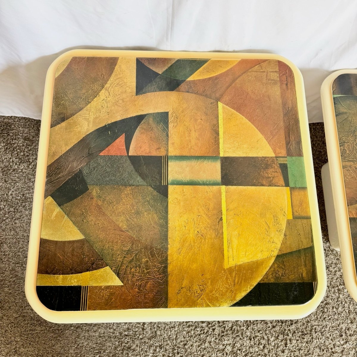 Art Deco Epoxy Top Abstract Square Nesting Tables - Set of 2 - Dolphin & Flamingo