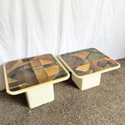 Art Deco Epoxy Top Abstract Square Nesting Tables - Set of 2 - Dolphin & Flamingo
