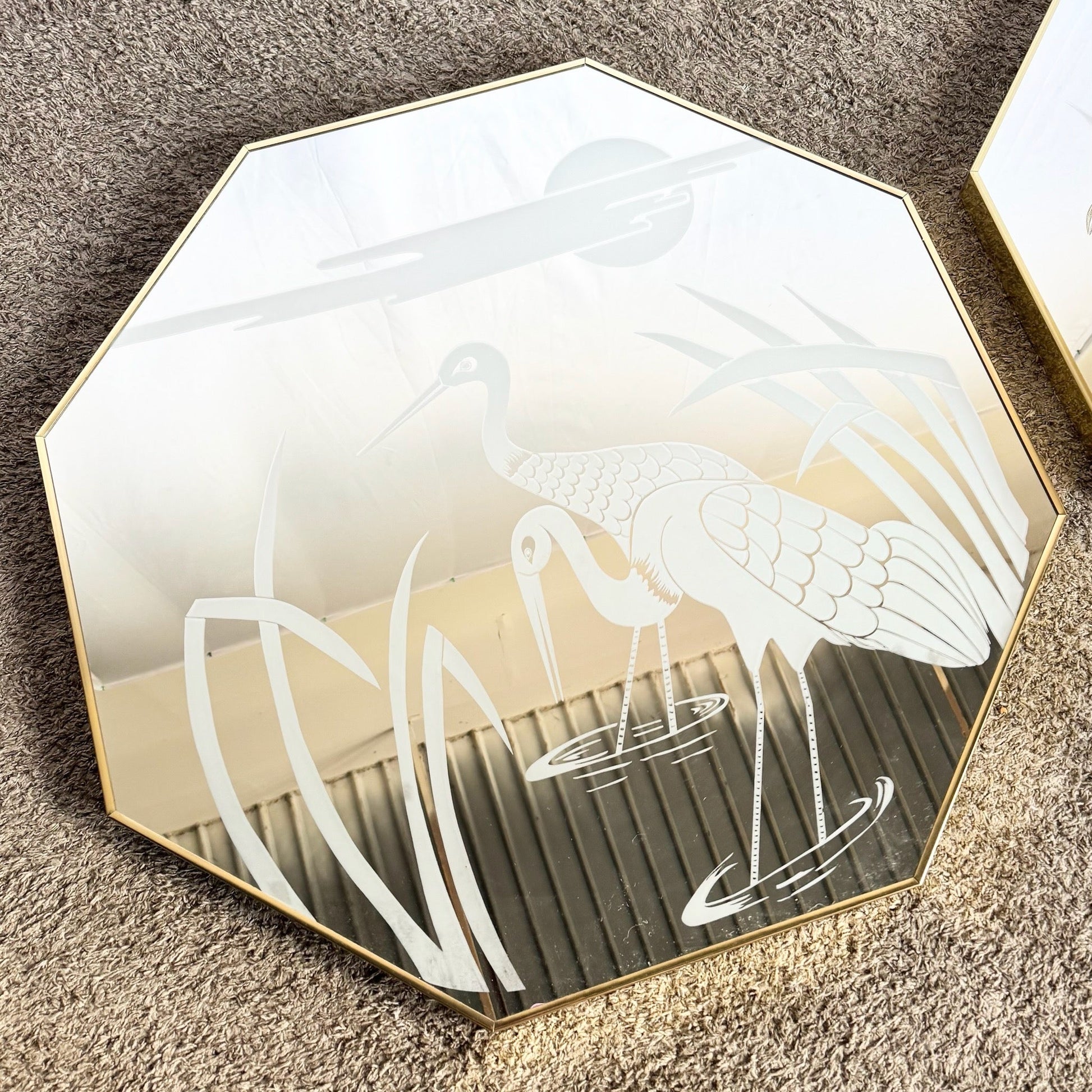Art Deco Etched Gold and Frosted Octagonal Mirrors by Mechanical Mirror Works - A Pair - Dolphin & Flamingo