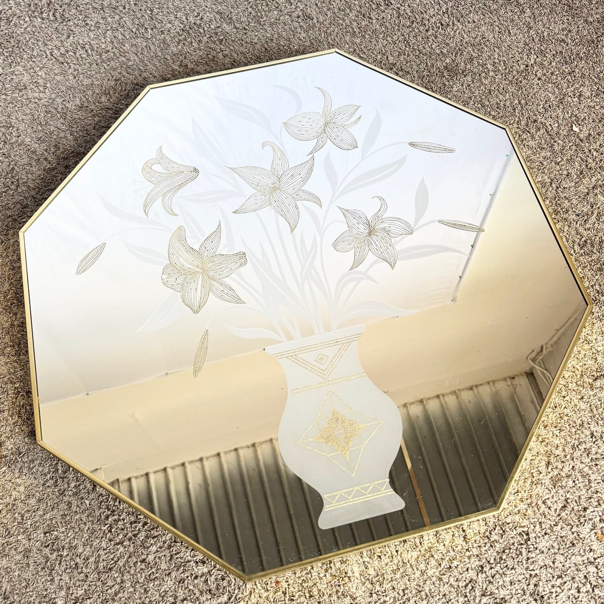 Art Deco Etched Gold and Frosted Octagonal Mirrors by Mechanical Mirror Works - A Pair - Dolphin & Flamingo