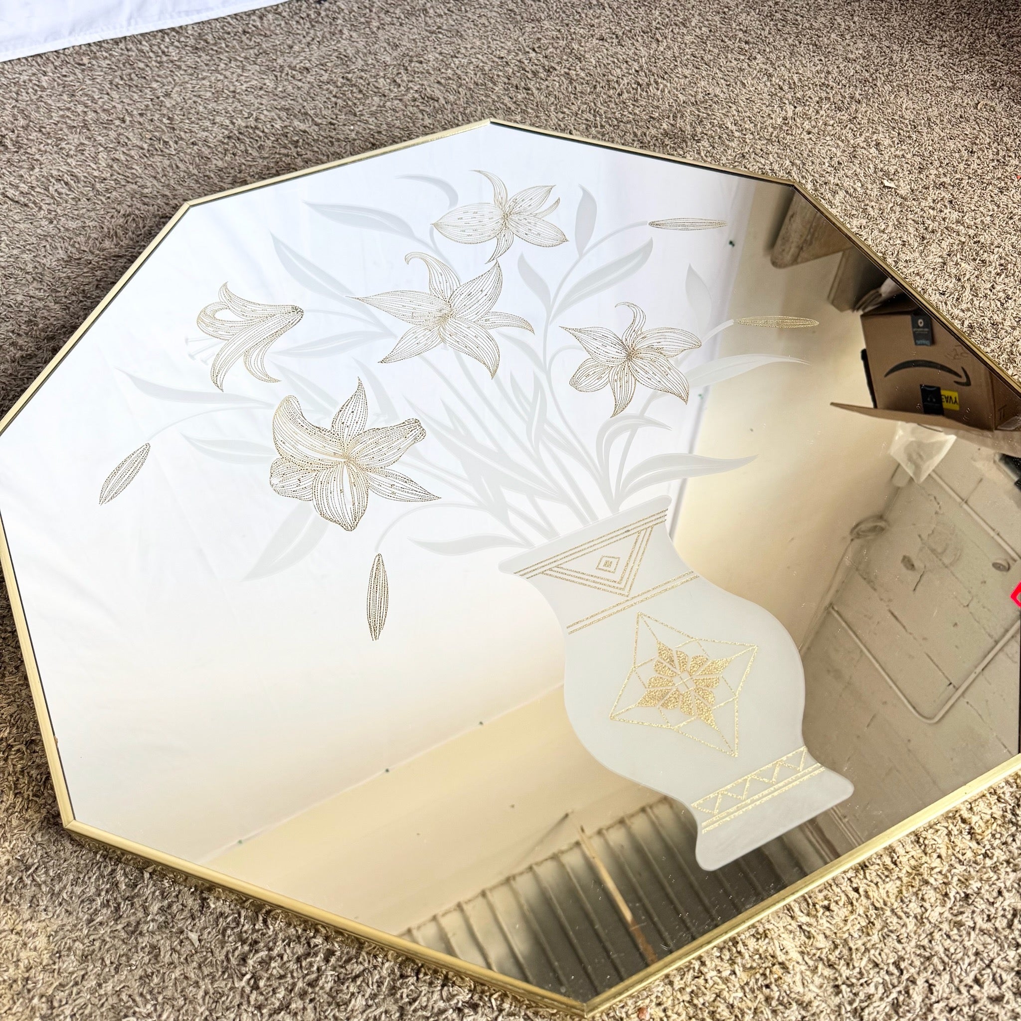 Art Deco Etched Gold and Frosted Octagonal Mirrors by Mechanical Mirror Works - A Pair - Dolphin & Flamingo