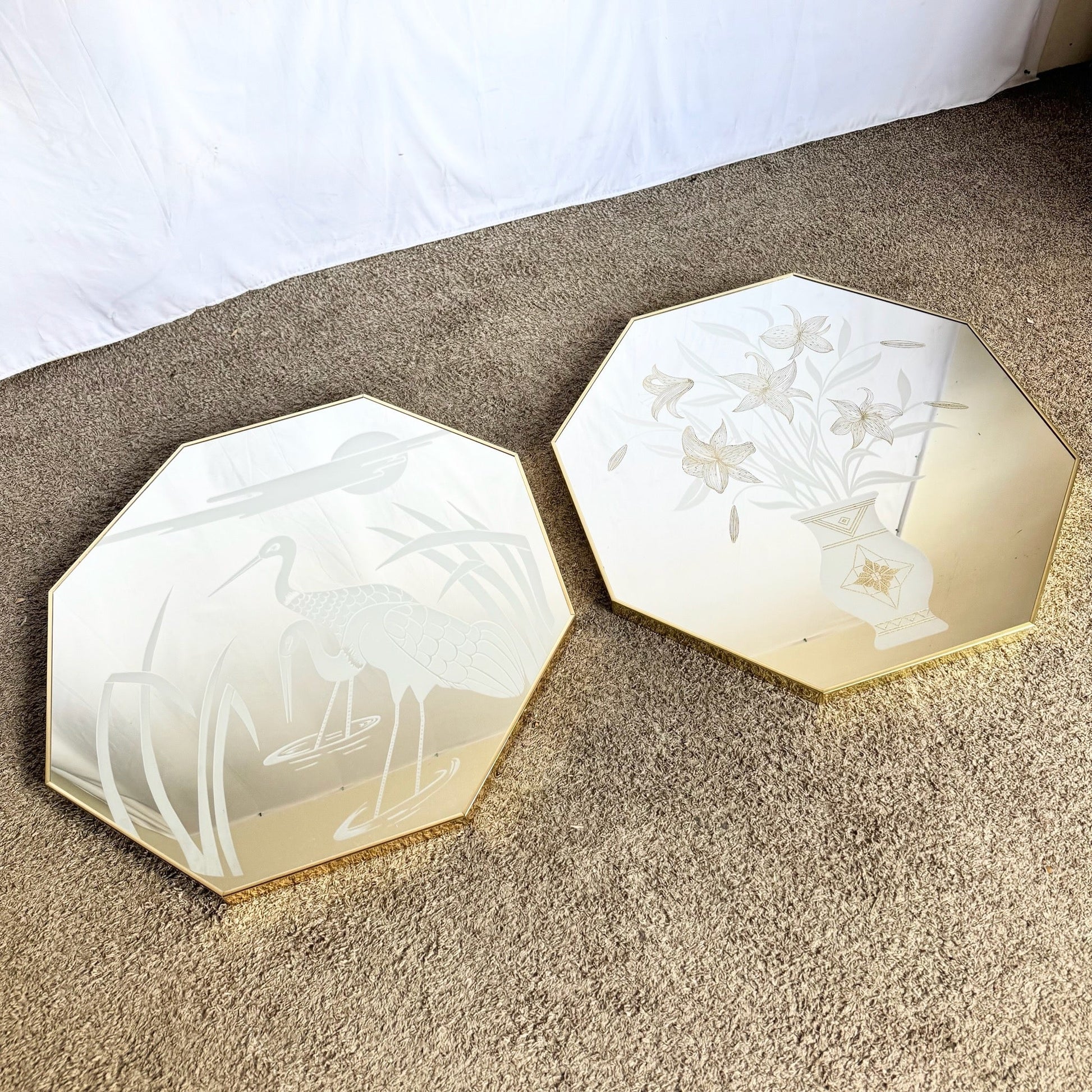Art Deco Etched Gold and Frosted Octagonal Mirrors by Mechanical Mirror Works - A Pair - Dolphin & Flamingo