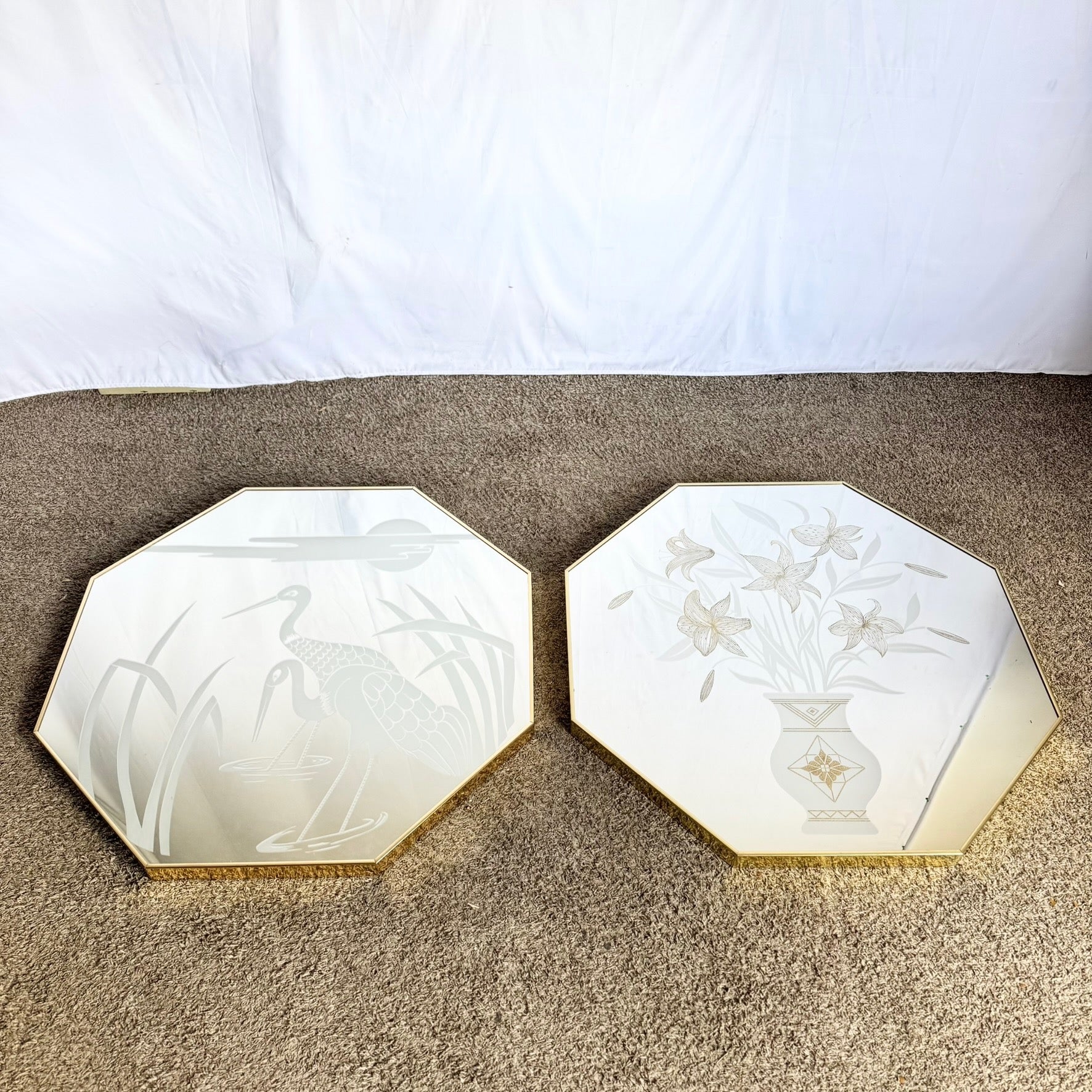 Art Deco Etched Gold and Frosted Octagonal Mirrors by Mechanical Mirror Works - A Pair - Dolphin & Flamingo