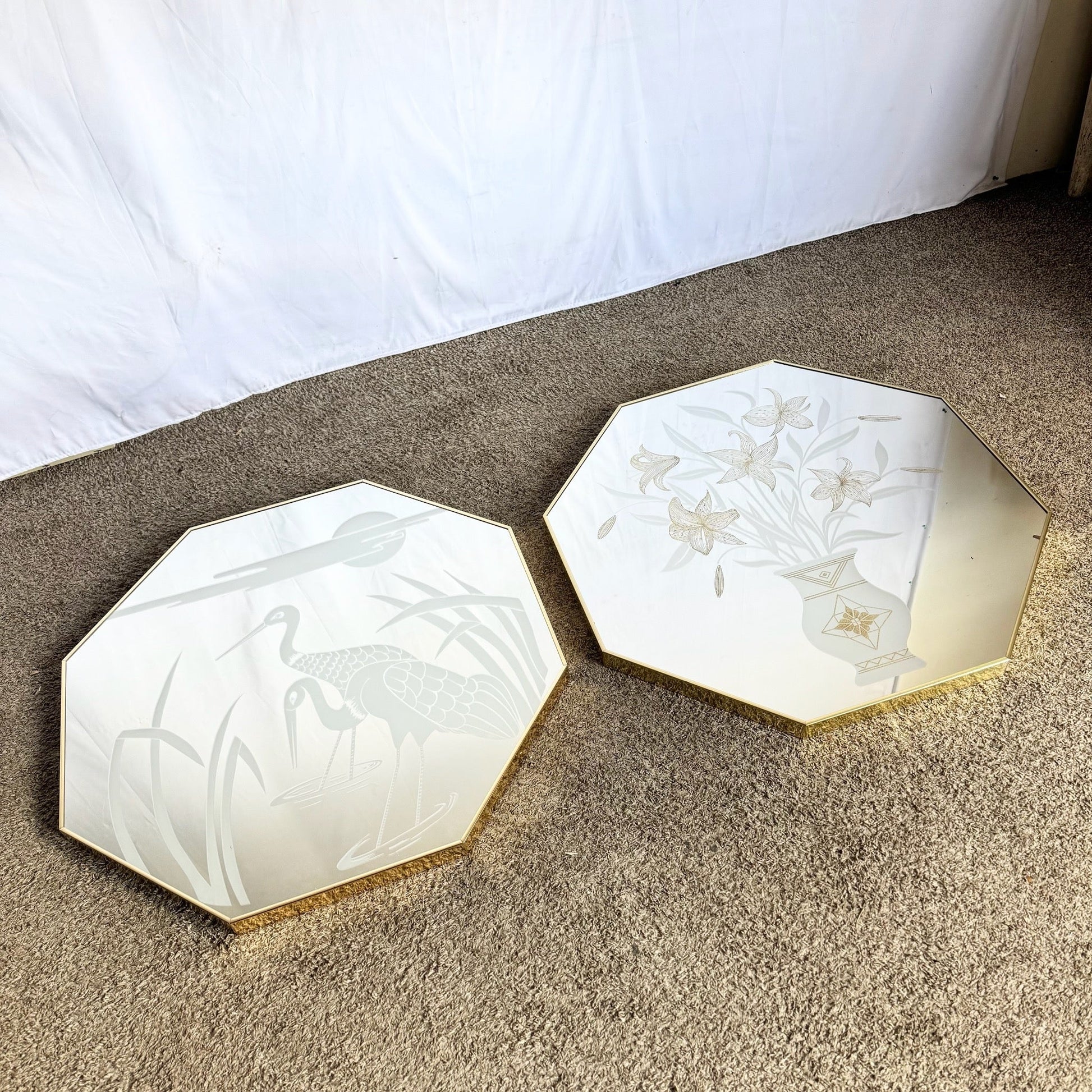 Art Deco Etched Gold and Frosted Octagonal Mirrors by Mechanical Mirror Works - A Pair - Dolphin & Flamingo