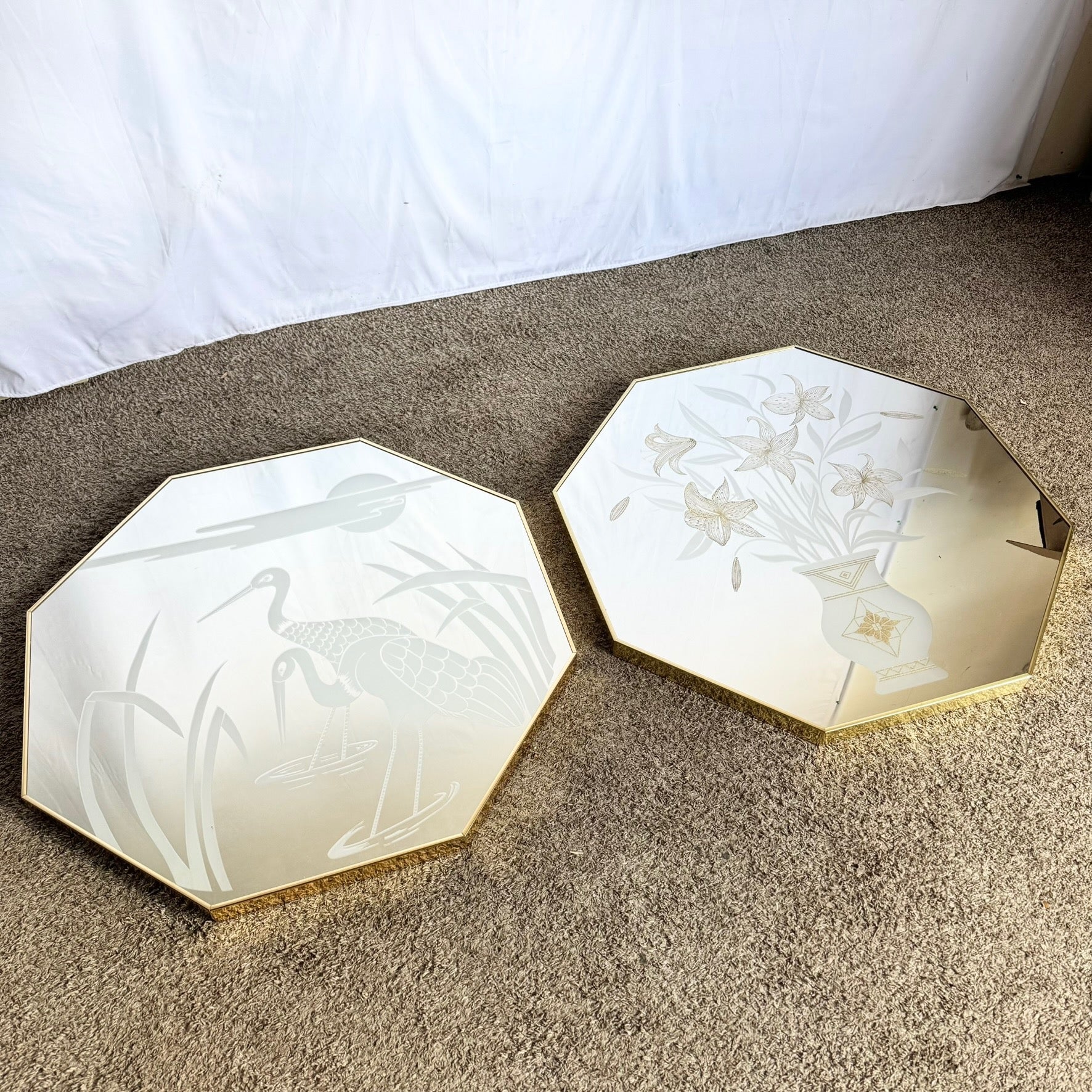 Art Deco Etched Gold and Frosted Octagonal Mirrors by Mechanical Mirror Works - A Pair - Dolphin & Flamingo