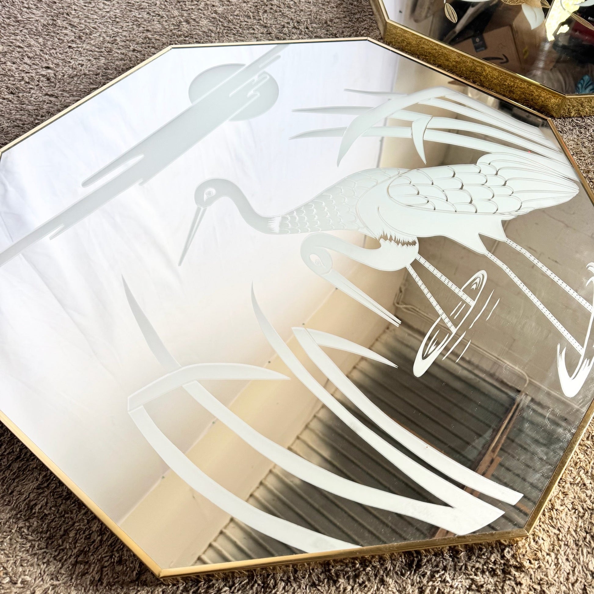 Art Deco Etched Gold and Frosted Octagonal Mirrors by Mechanical Mirror Works - A Pair - Dolphin & Flamingo