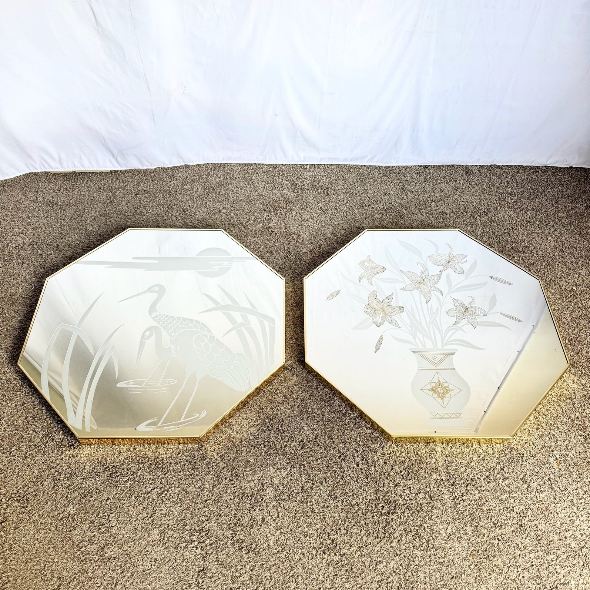 Art Deco Etched Gold and Frosted Octagonal Mirrors by Mechanical Mirror Works - A Pair - Dolphin & Flamingo