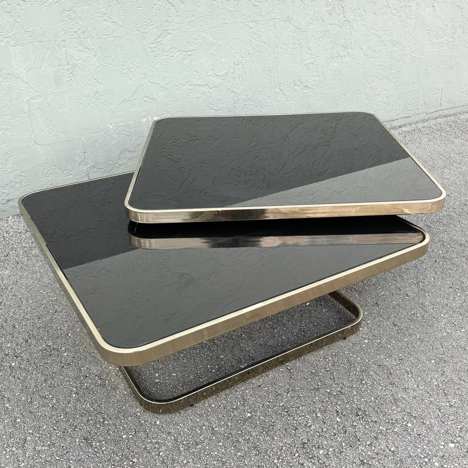 Art Deco Gold and Black Glass Swivel Top Two Tier Coffee Table Dolphin & Flamingo