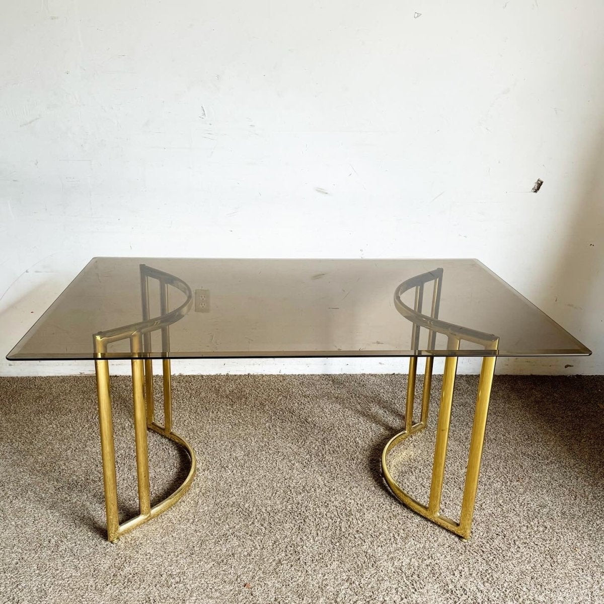 Art Deco Gold and Smoked Glass Top Rectangular Dining Table - Dolphin & Flamingo