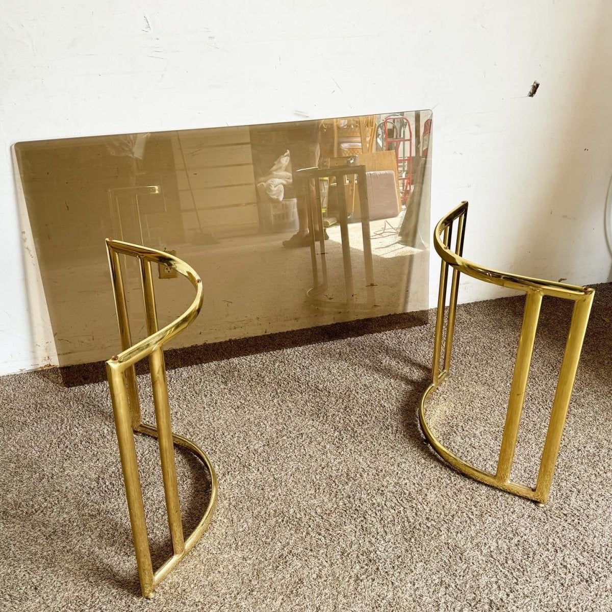 Art Deco Gold and Smoked Glass Top Rectangular Dining Table - Dolphin & Flamingo