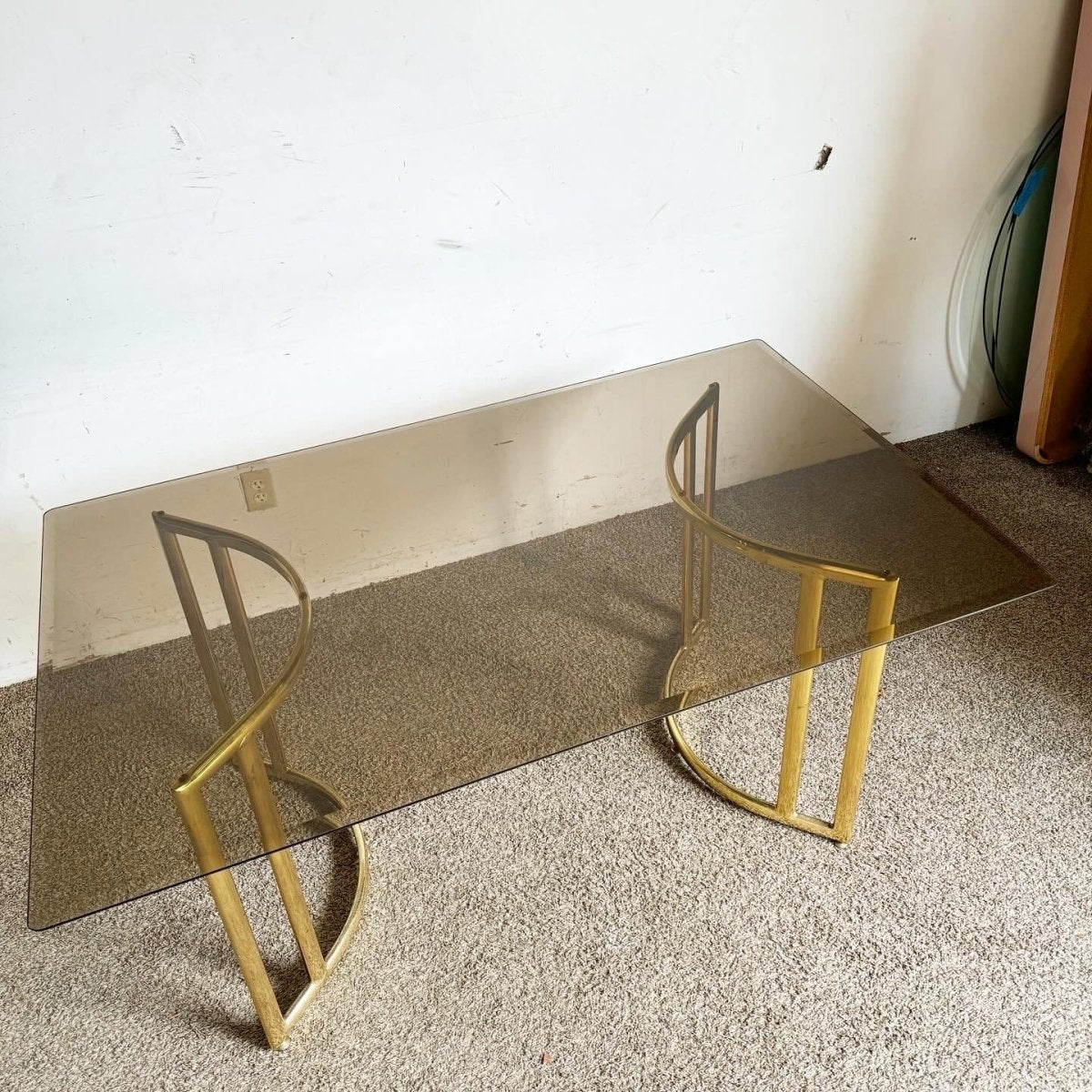 Art Deco Gold and Smoked Glass Top Rectangular Dining Table - Dolphin & Flamingo
