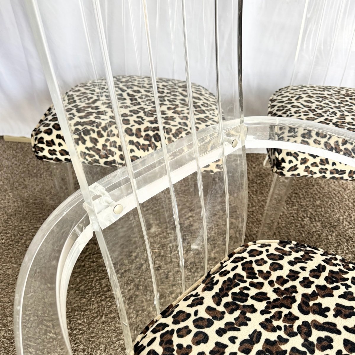 Art Deco Lucite Leopard Print Dining Chairs - Set of 6 - Dolphin & Flamingo