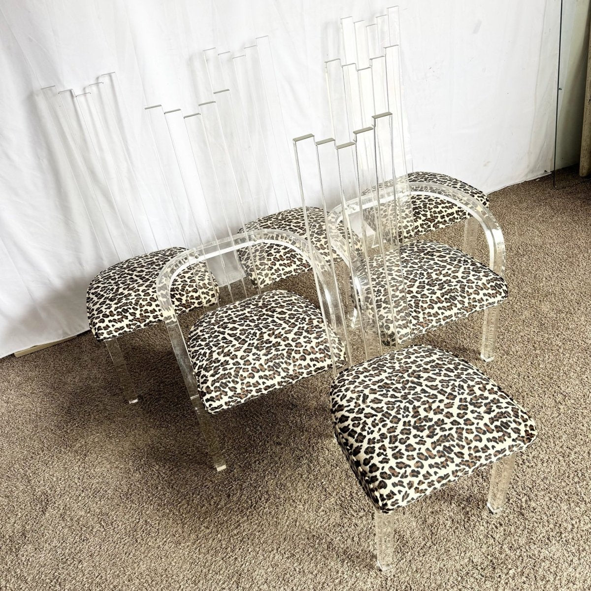 Art Deco Lucite Leopard Print Dining Chairs - Set of 6 - Dolphin & Flamingo