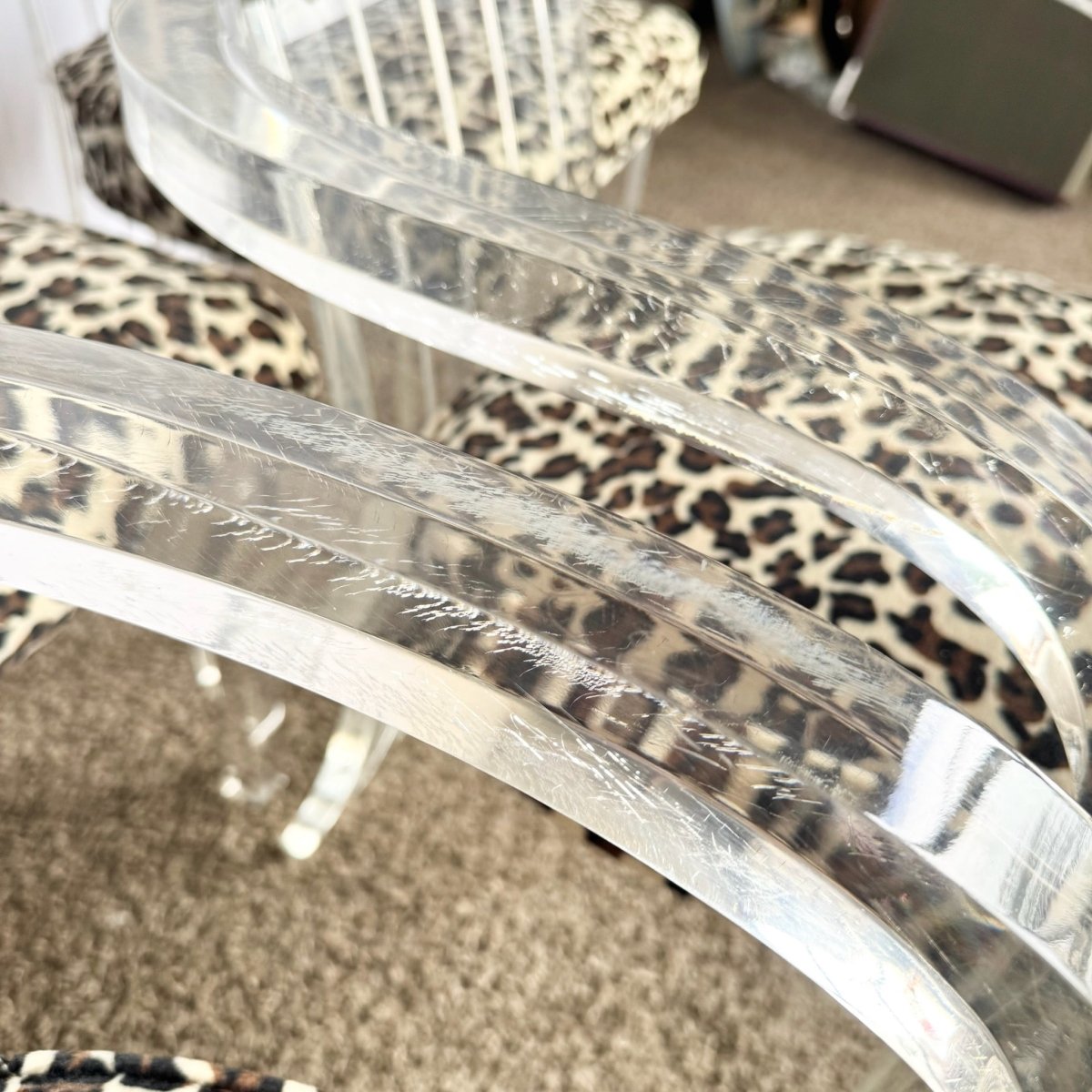 Art Deco Lucite Leopard Print Dining Chairs - Set of 6 - Dolphin & Flamingo